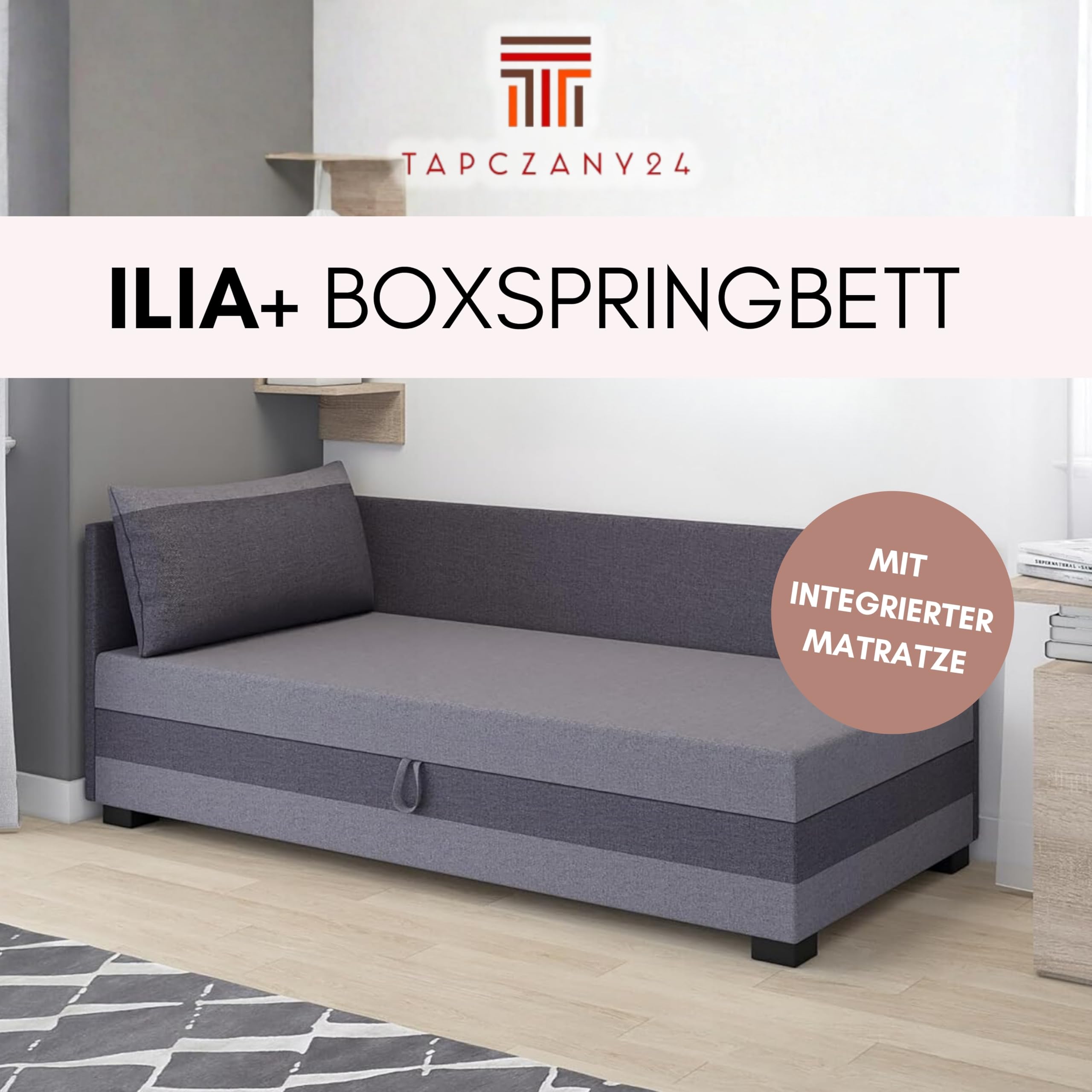 Boxspringbett Ilia+ 110x198x38 cm mit Schaumstoff Matratze, Bett mit Matratze, Polsterbett mit Bettkasten, Gepolstertes Einzel Bett, Schlafsofa - Beige Graphit