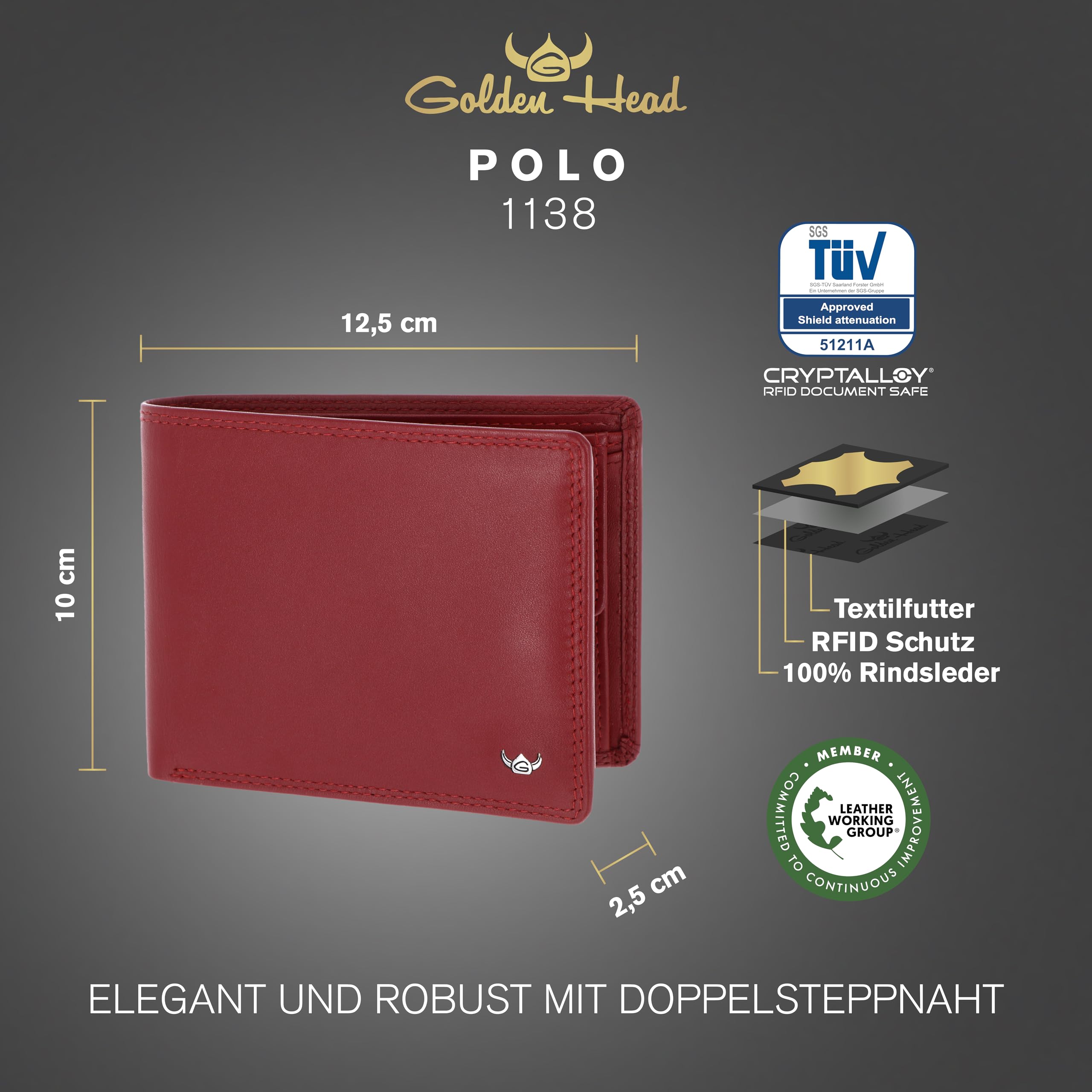 Golden Head Cuero Monedero Polo RFID Protect Scheintasche 1138 Rot Rojo Oscuro