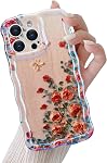 QLTYPRI Cas pour iPhone 14, Laser Colorful Rétro peinture à l'huile motif de fleur Cute Curly Wave Frame Exquise étui de téléphone pour les filles femmes, Shockproof TPU Couverture téléphonique de protection pour iPhone 14 - rose