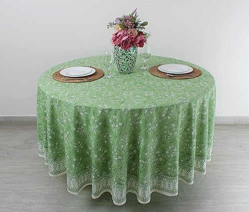 Miniatura 2 de Ridhi Mantel redondo 132 de 100 % algodón, color verde pera, estampado a mano, lavable, reutilizable, para fiestas, bufé, comedor, bodas, campo,