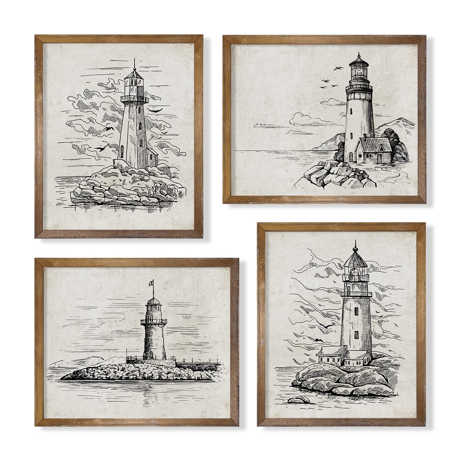 Vintage Lighthouse Seagull Drawing Posters Print - Coastal Seascape Themed Sketch Wall Art - Gift for Sailor - Rustic Nautical Beach Pictures Lake House Small Shabby Chic Farmhouse Bathroom Room Decor