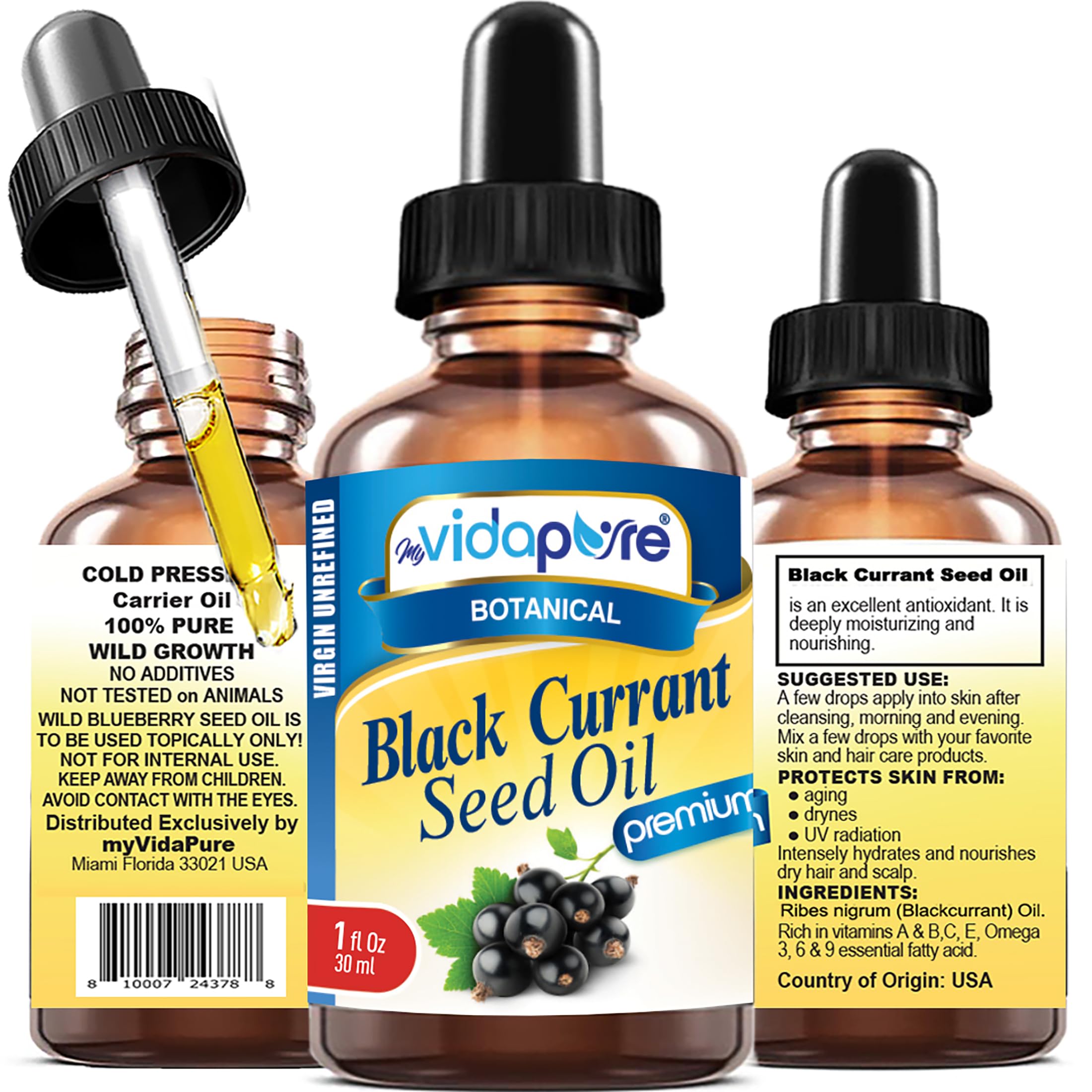 MYVIDAPURE BLACK CURRANT SEED OIL Pure Natural Undiluted Refined Cold Pressed Carrier oil. 1 Fl.oz. - 30 ml. for Skin, Face, Hair, Lip and Nail Care Anti-Aging