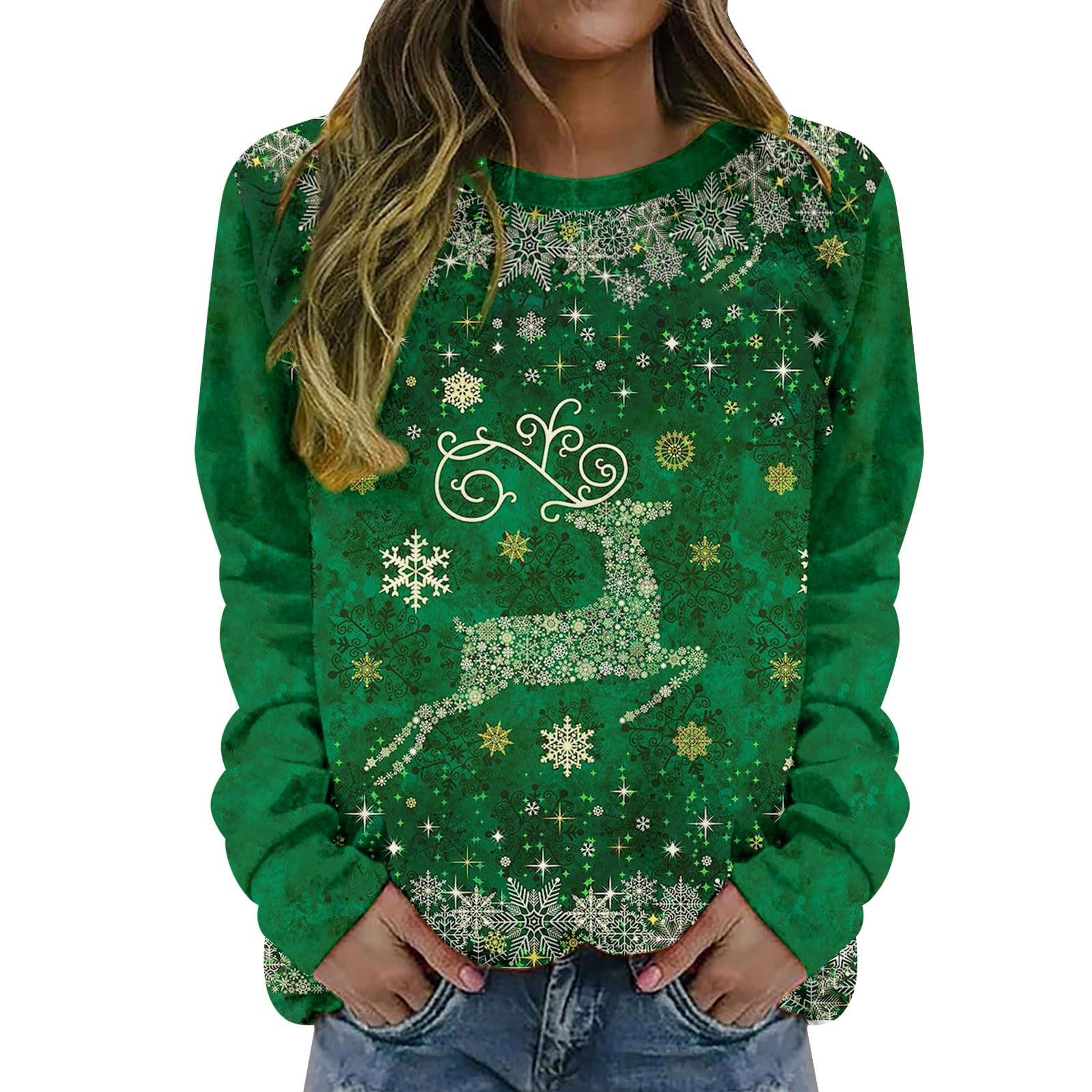 Nantdog Ugly Christmas Sweater Women Christmas Tree Sweatshirts Long Sleeve Crew Neck Holiday Merry and Br