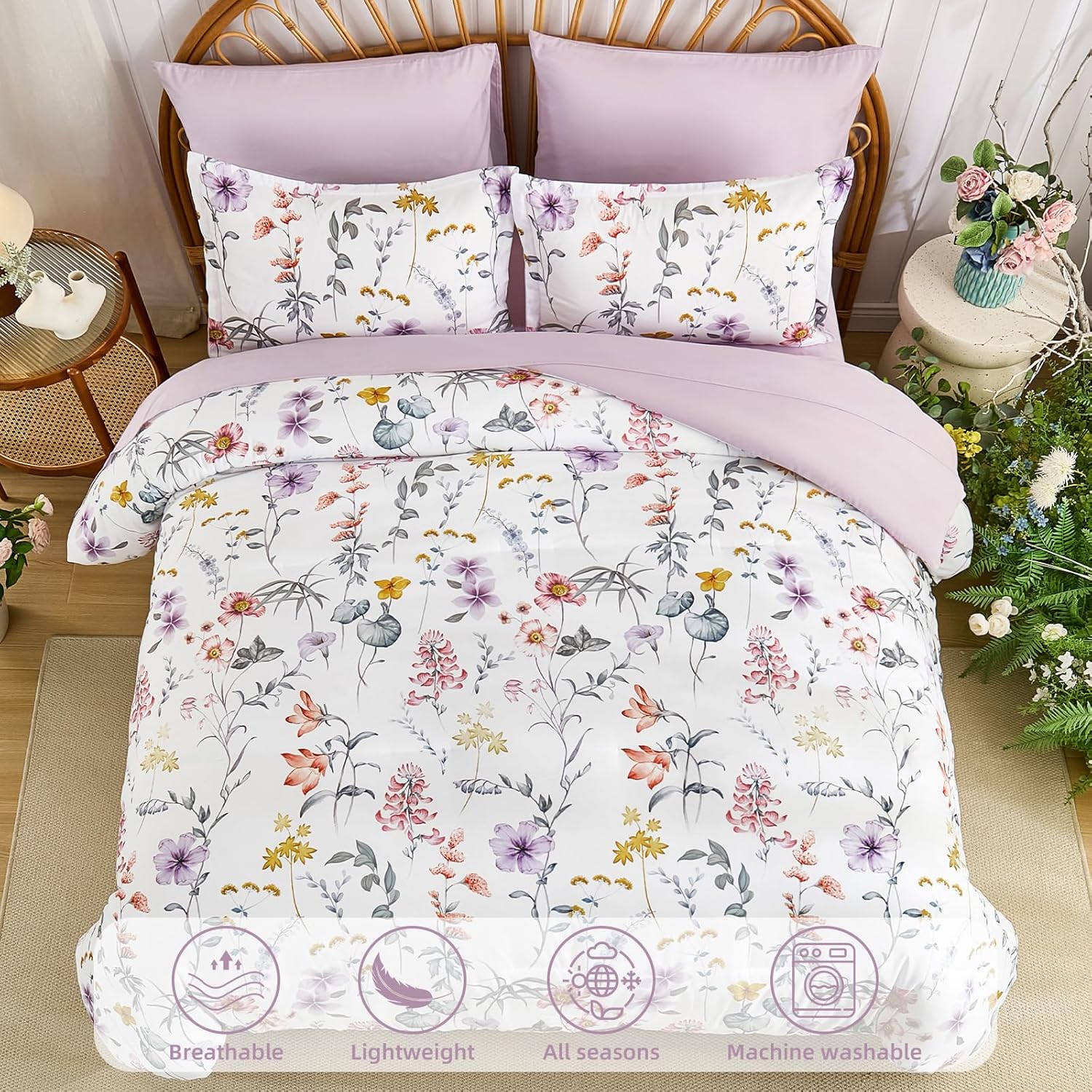 DJY Queen Comforter Set, White Botanical Floral Bedding Comforter Sets Queen Size for All Seasons, 7 Pieces Bed in a Bag Lightweight Microfiber Comforter Set with Sheets Pillowcases & Shams