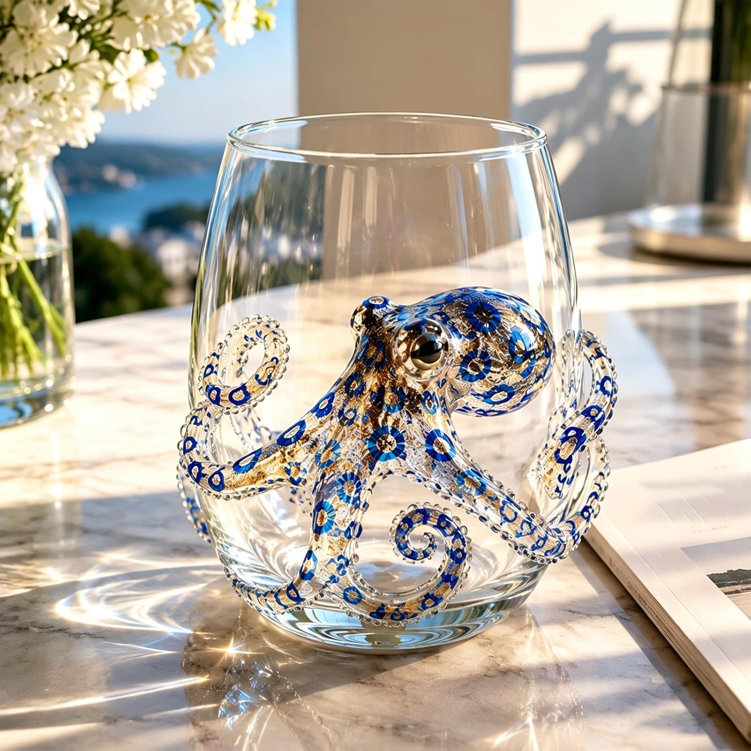 Artisanal Blue Ringed Octopus Glassware, 3D Ocean Octopus Drinking Glass Barware,2026 New Handcrafted Marine Animal Bar Glass, Coastal Home Decor Gift for Ocean Lovers