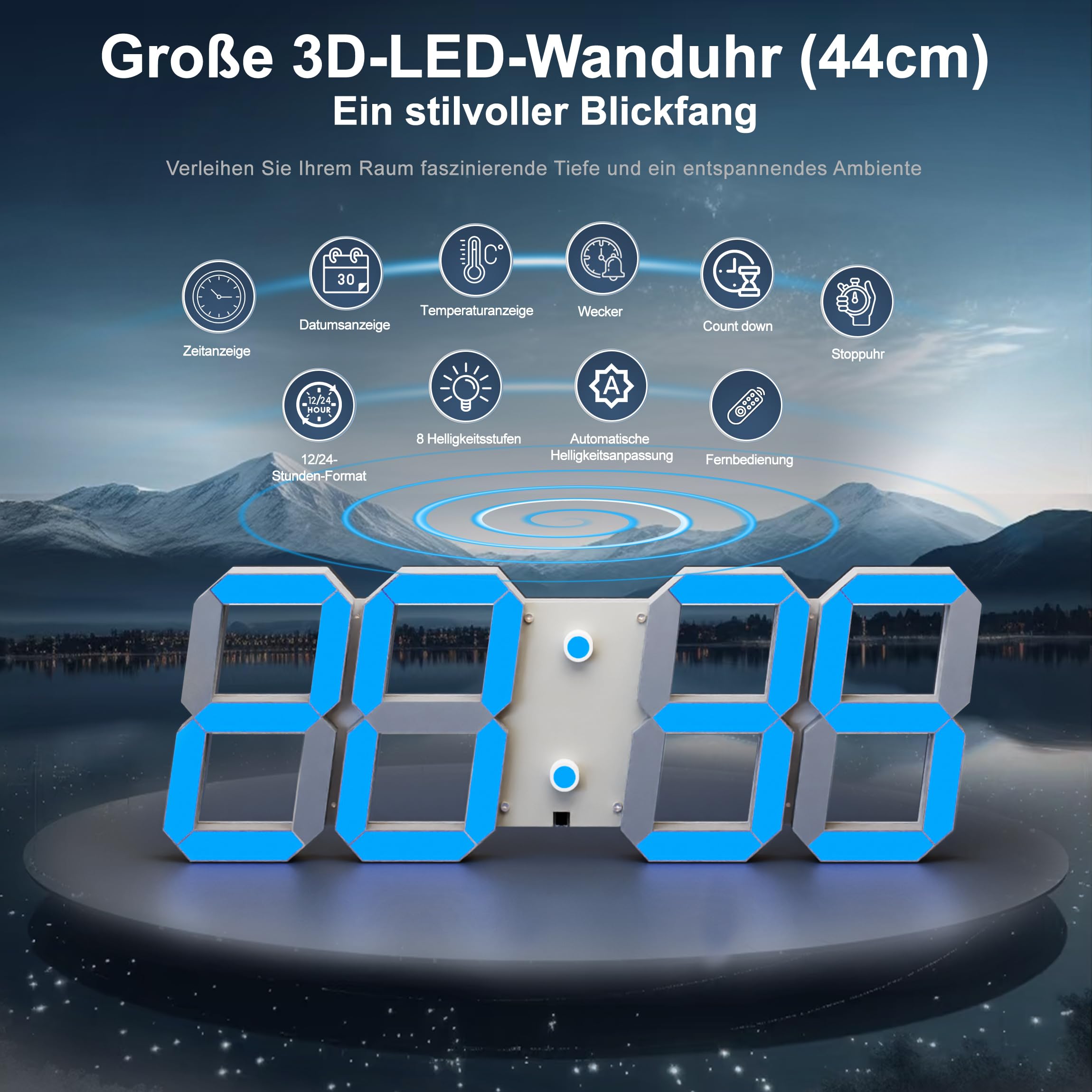 CHKOSDA Orologio da parete digitale a LED 3D, 44 cm, leggibilità fino a 50 m, bianco | cifre da 15 cm, telecomando, dimmer automatico, timer, alimentazione a rete per soggiorno, fitness, garage, ufficio, scuola.