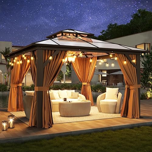 Vista 11 de Aoxun - Gazebo con techo rígido para jardines, patios con cemento o césped, pabellón permanente de policarbonato con doble techo, marco de aluminio