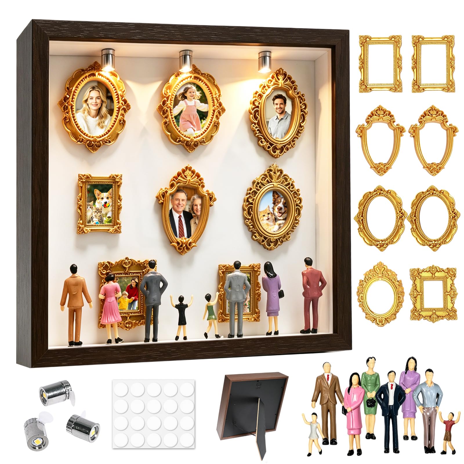 Mini boîte de silhouettes de musée DIY avec LED, mini cadre photo vintage, Shadow Box, ensemble de cadres photo avec 8 mini cadres dorés, 8 figurines pour anniversaire, mariage (noyer noir)