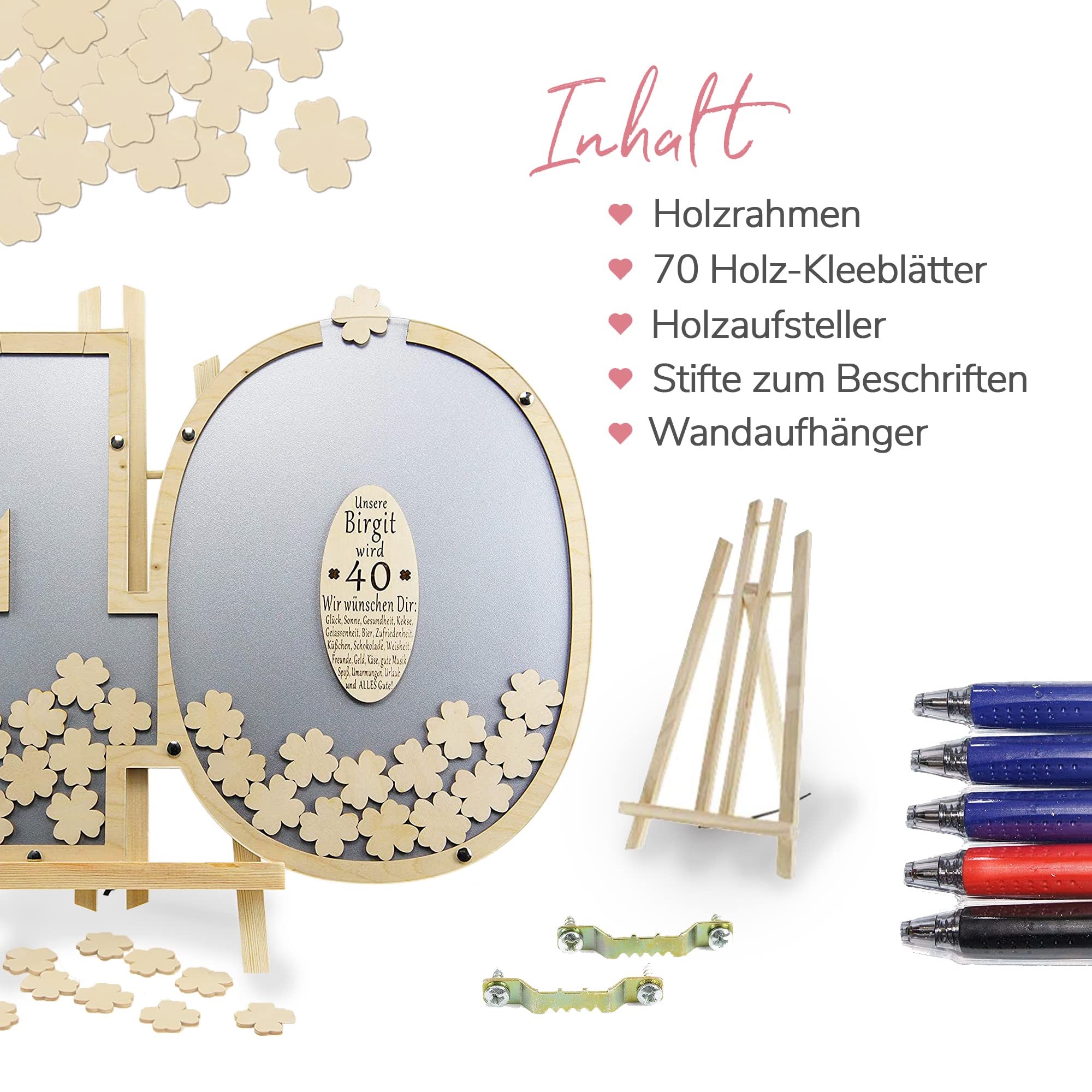 Gästebuch personalisierbar mit Holzzahlen 40 | 40x60cm in Grau | Holz Kleeblätter zum Beschriften - Geburtstag Geschenk für Frau & Mann - 40. Geburtstag | Made in Germany