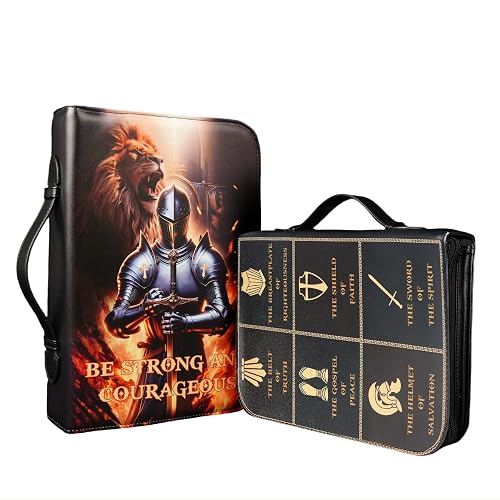 Bible Cover Case for Men Large Armor of God Bible Carrying Case with Durable Handle & Zipper Bible Study Accessories for Boys - Knight and Lion