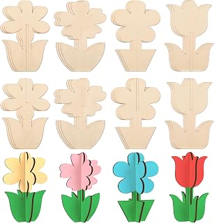 60PCS Unfinished Wood Flower Crafts for Kids, Wooden Painting Bulk Crafts for Adults, 4 Styles DIY 3D Flowers Cutouts Ornaments for Home Decorations Gift DIY Crafts