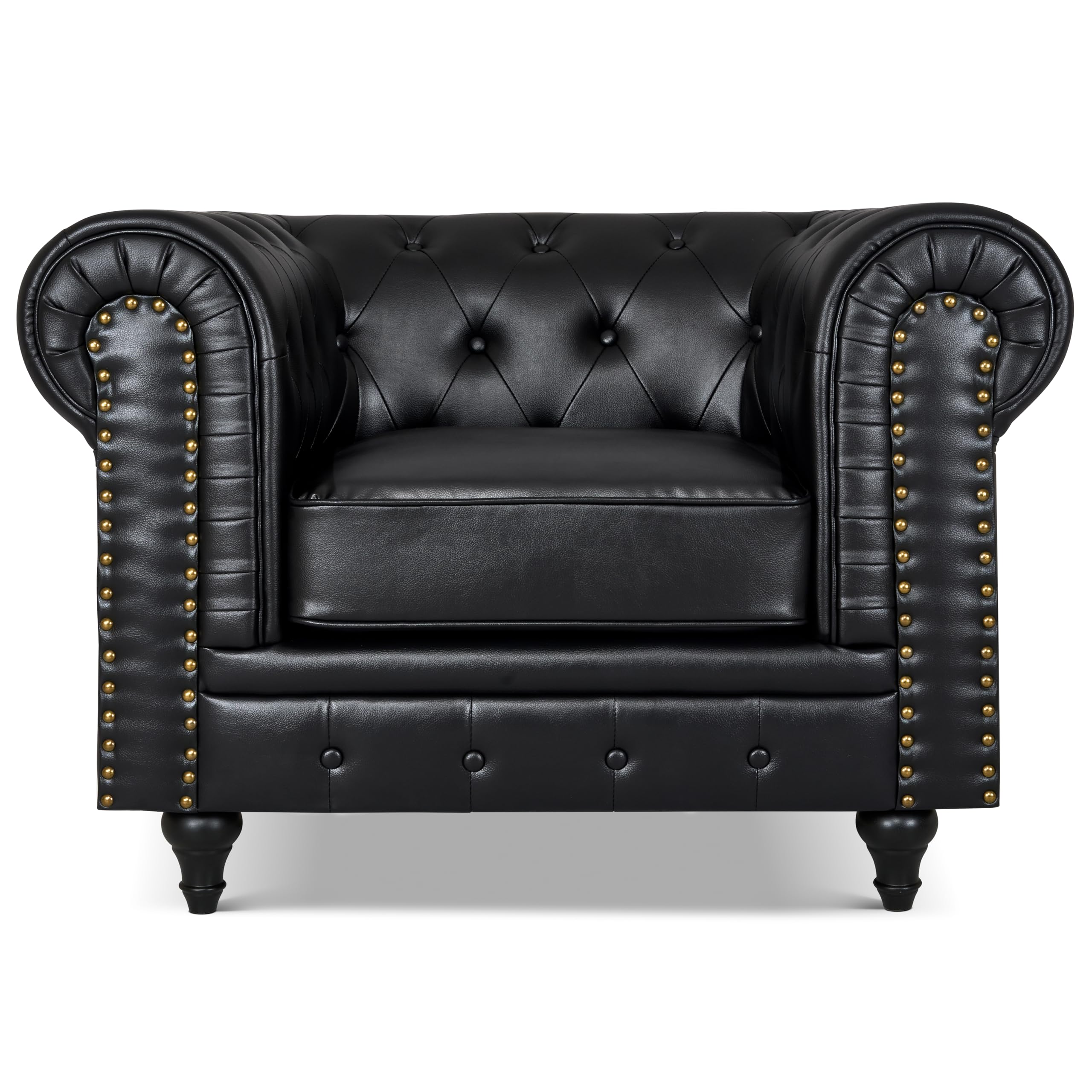 Bravich Leather Chesterfield Armchair- Black. Single Seater Arm Chair, Faux Bonded Leather Vintage Couch. Living Room Furniture, Easy Clean. Single Seater- 110cm x 90cm x 78cm.