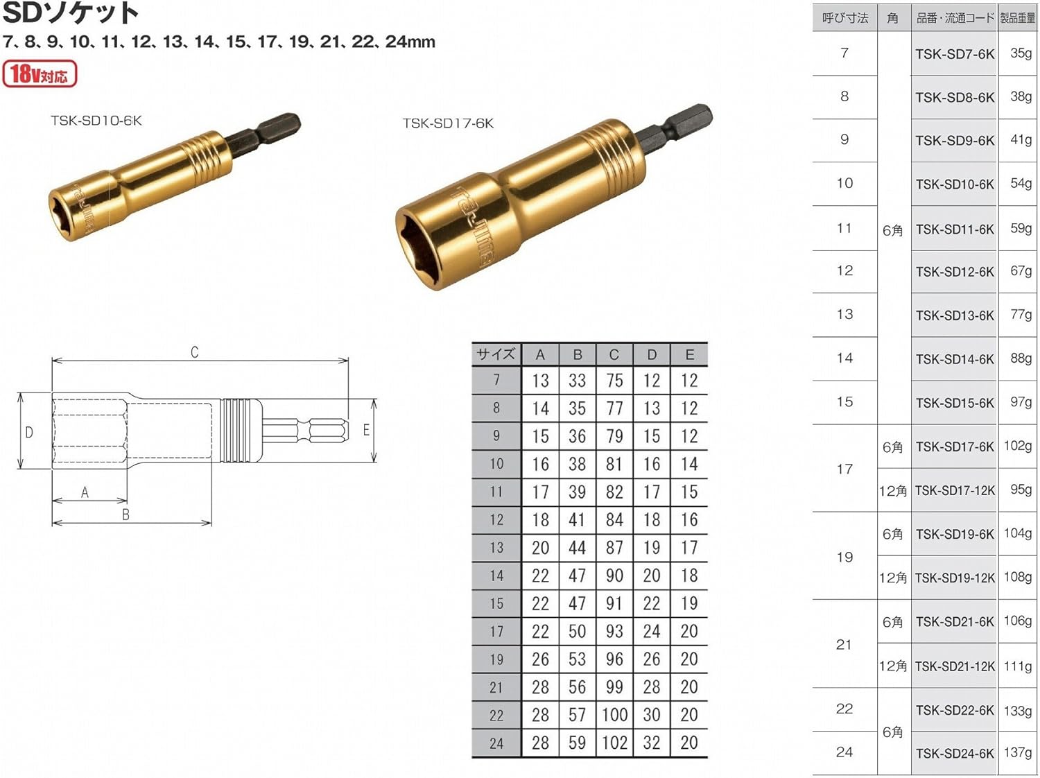 Tajima TSK-SD7-6K SD Socket for Impact Driver, Hexagonal 0.3 inch (7 mm), 1 Piece