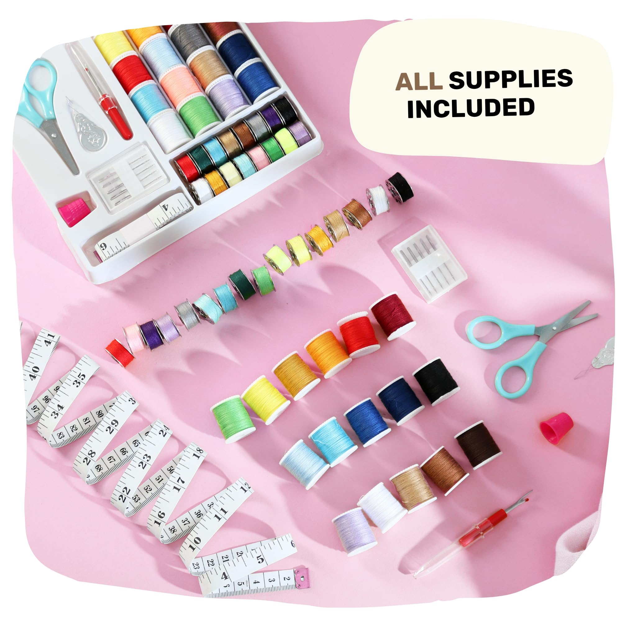 CraftBud Mini máquina de coser para principiantes, adultos y niños | Kit de costura de 48 piezas, portátil, doble velocidad, mesa de extensión, pedal de pie, luz integrada, guía y más, rosa