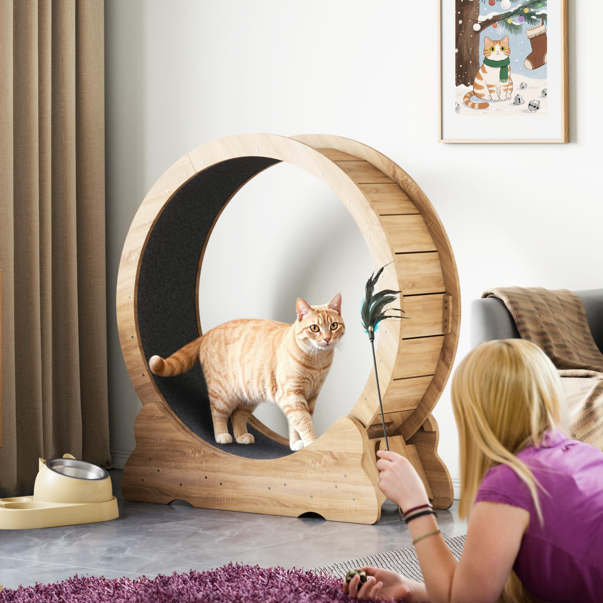 Mondeer Roue pour Chat d'intérieur avec Piste Moquette, Tapis de Course XL de 90 cm avec Tapis Amovible et Jouet pour Chat, pour Course à Pied, Marche, entraînement (Bois Naturel)