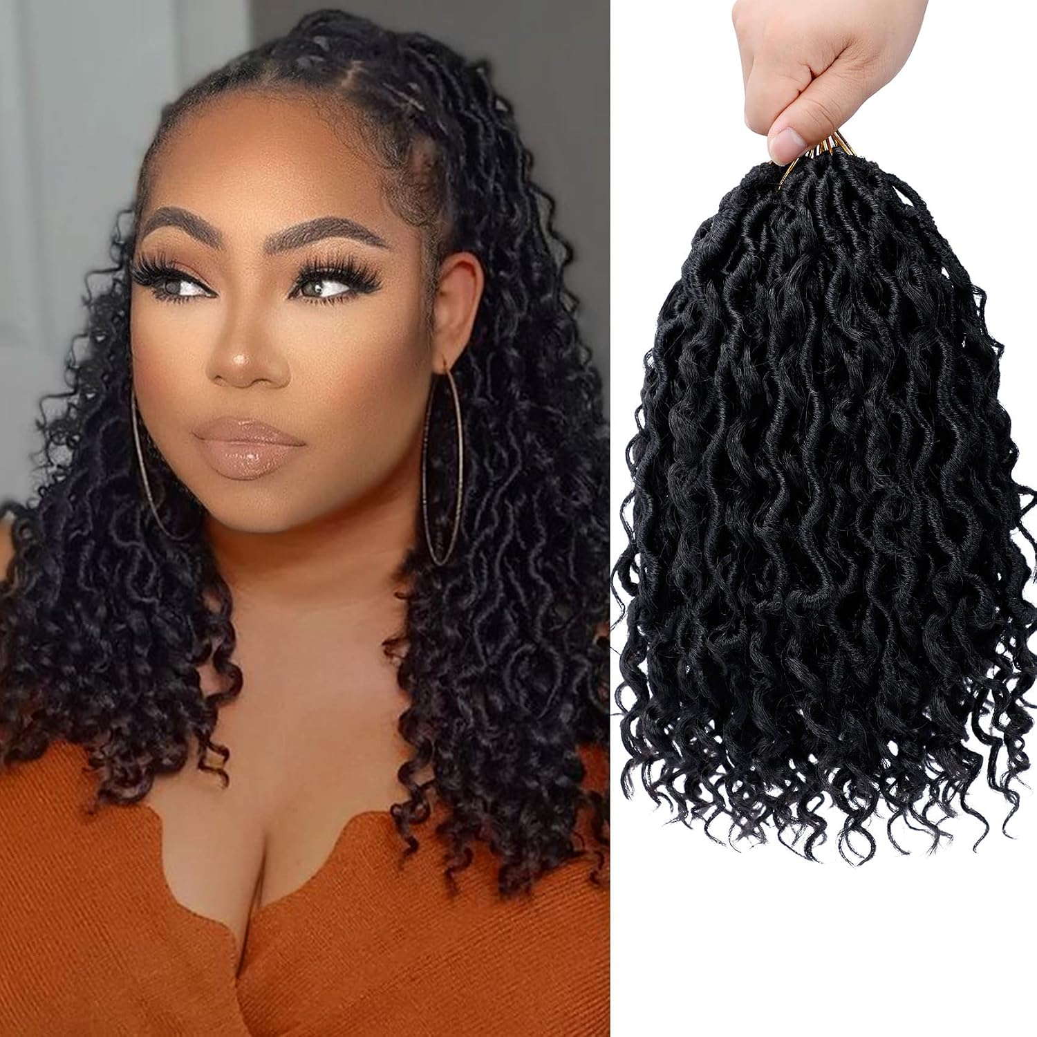 LIYATE Goddess Locs Crochet Hair 10 Inch 6 Packs Faux Locs Crochet Hair for Kids Pre Looped Soft River Locs Crochet Braids with Curly Hair Boho Hippie Locs Synthetic Hair Extensions(Black 1B)