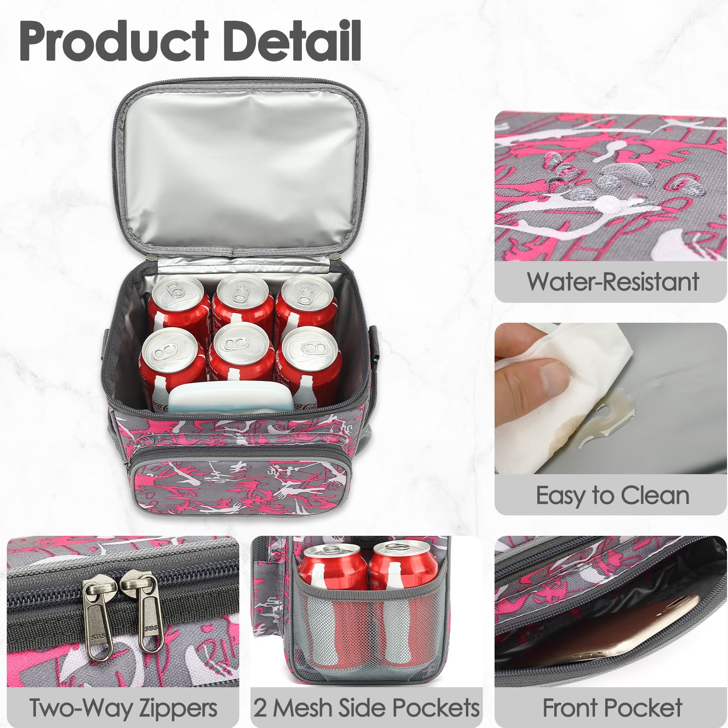 FlowFly - Fiambrera reutilizable con aislamiento para adultos y hombres, con correa de hombro ajustable, bolsillo frontal con cremallera y bolsillos laterales de malla doble grande