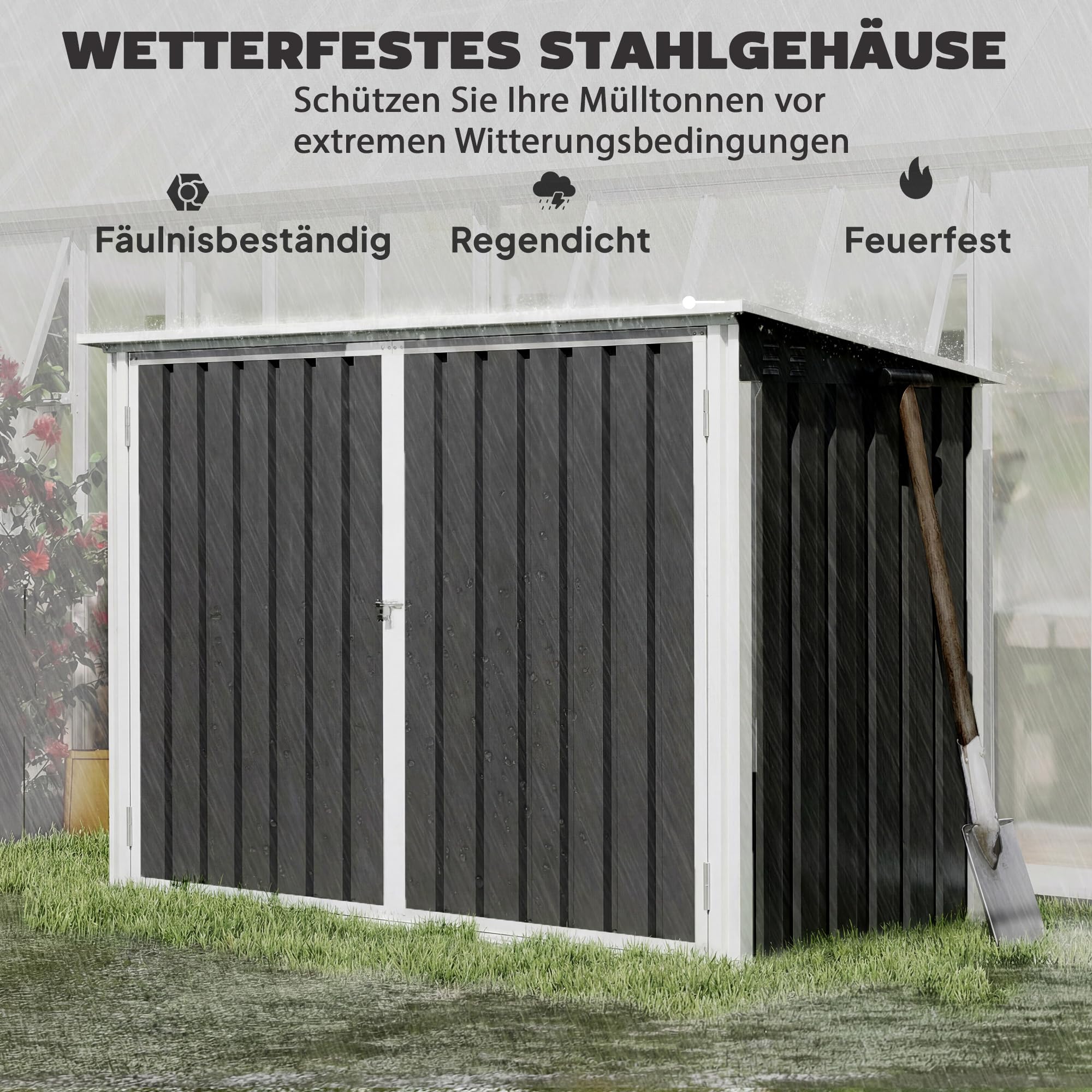 Outsunny Mülltonnenbox für 2 Mülltonnen aus verzinktem Stahl Müllbox mit Klappdeckel Gasdruckfeder Doppeltür Belüftungsöffnungen, abschließbar Mülltonnenverkleidung 179,5 x 108 x 113 cm Dunkelgrau