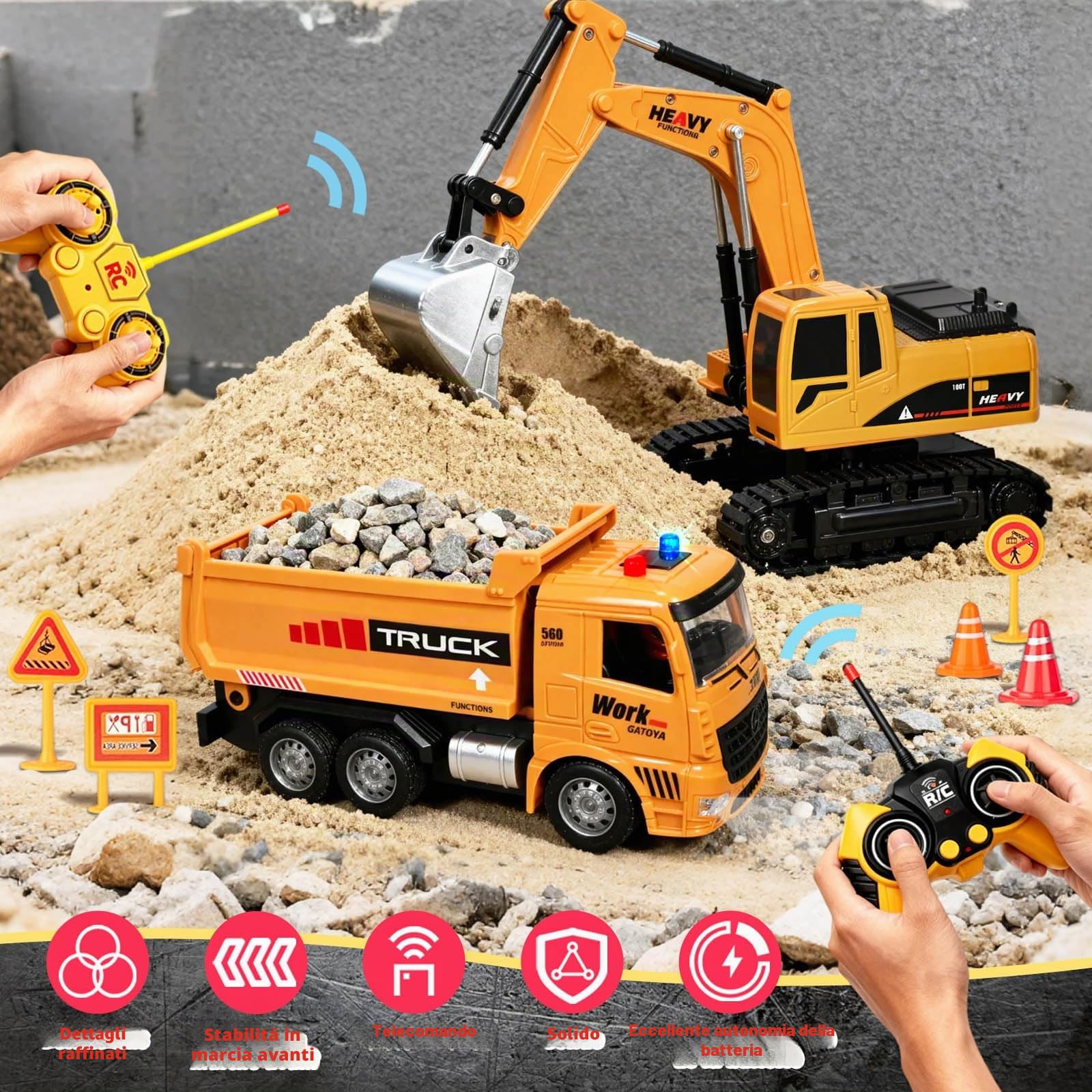 Escavatore Radiocomandato e Camion Ribaltabile Telecomandato, 2 RC Veicoli da Costruzione con Segnali Stradali, Barriere, Pietre Simulate, Luci e Rumori, Regalo di Compleanno per Bambini 6 Anni