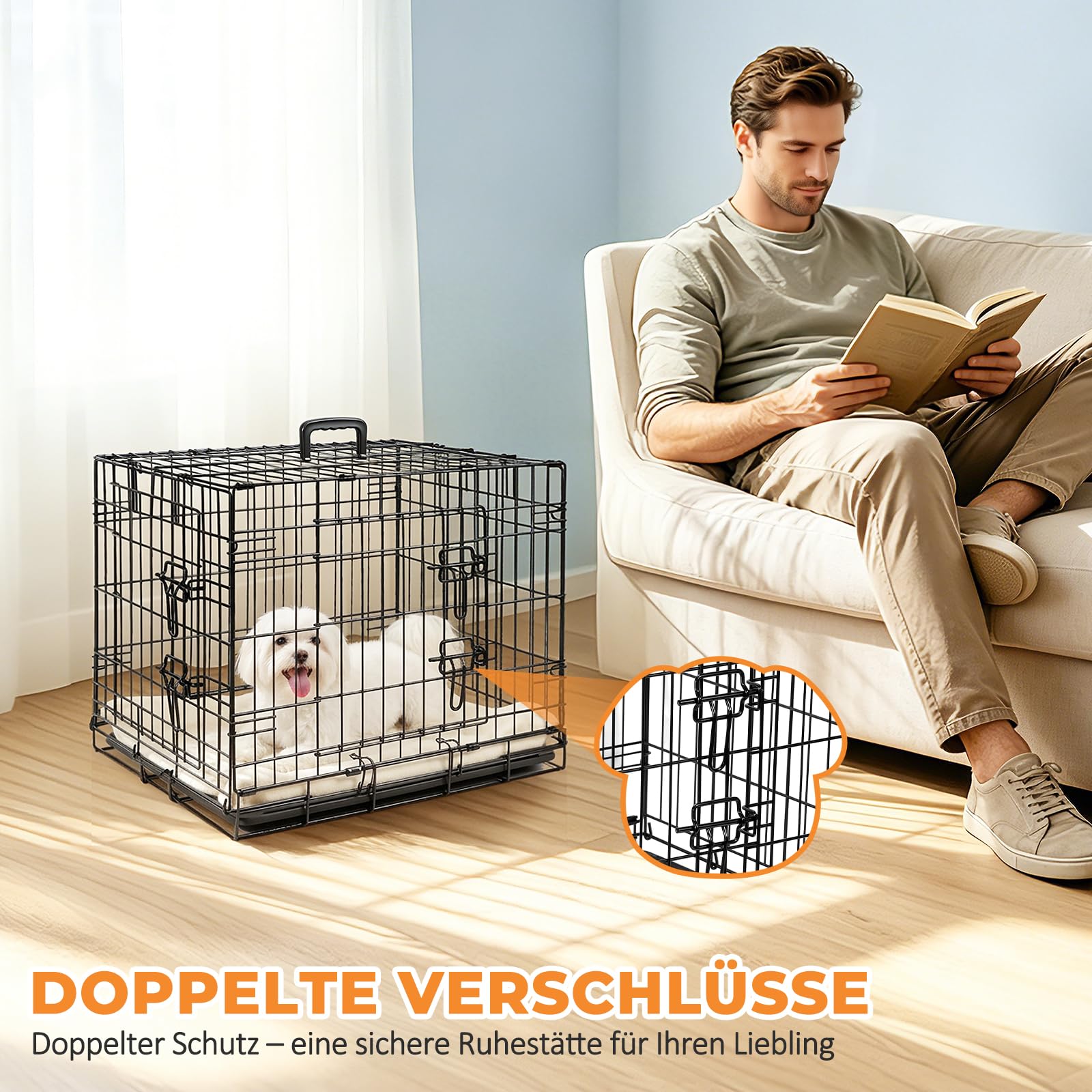 Hundekäfig faltbar 60 x 42.5 x 48 cm,S,2 Türen,Metall Draht,mit ausziehbarer Kunststoffschale & Abnehmbarer Trennwand,Schwarz,Hundebox für Zuhause & Transport