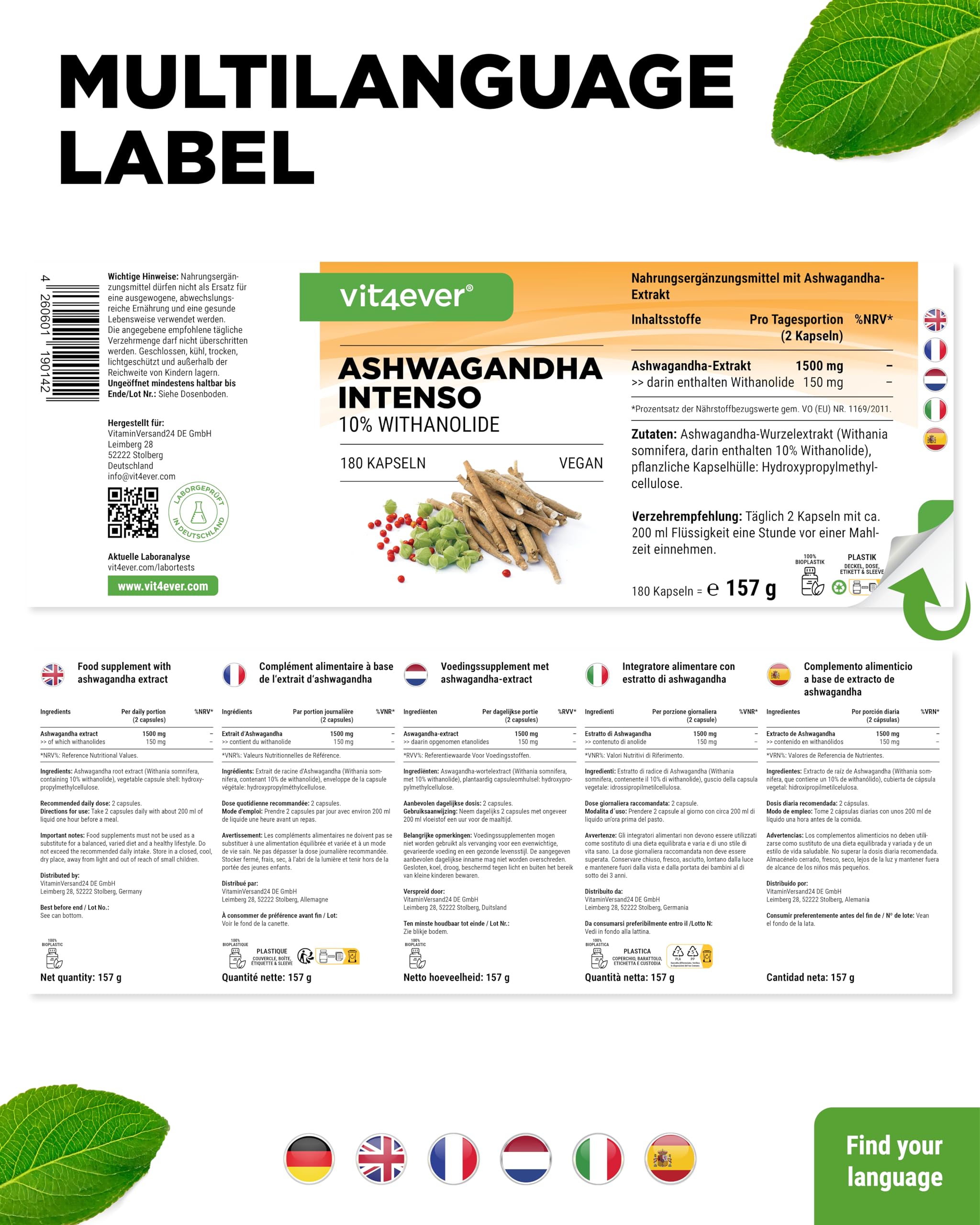 Ashwagandha Extrakt - 180 Kapseln mit 750 mg reinem Wurzelextrakt pro Kapsel & 10% Withanoliden - Hohe Reinheit - Vegan - Hochdosiert - Premium Qualität