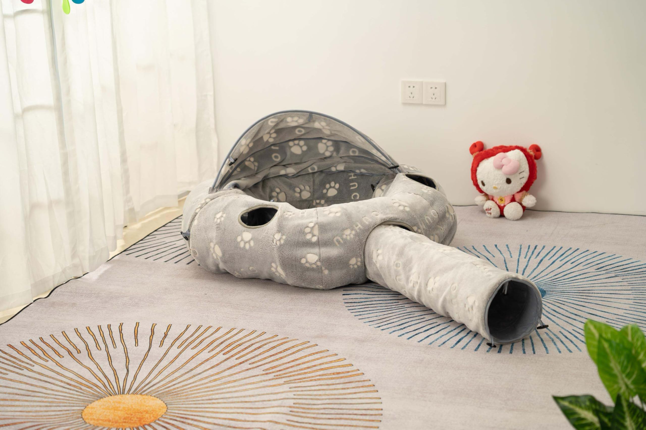 Katzentunnelbett, Katzentunnel für Indoor-Katzen, Katzen-Donut-Tunnel-Spielzeug mit waschbarem Kreiskissen, gerader geformter Tunnel, 4 Flauschige Bälle,selbstleuchtend.