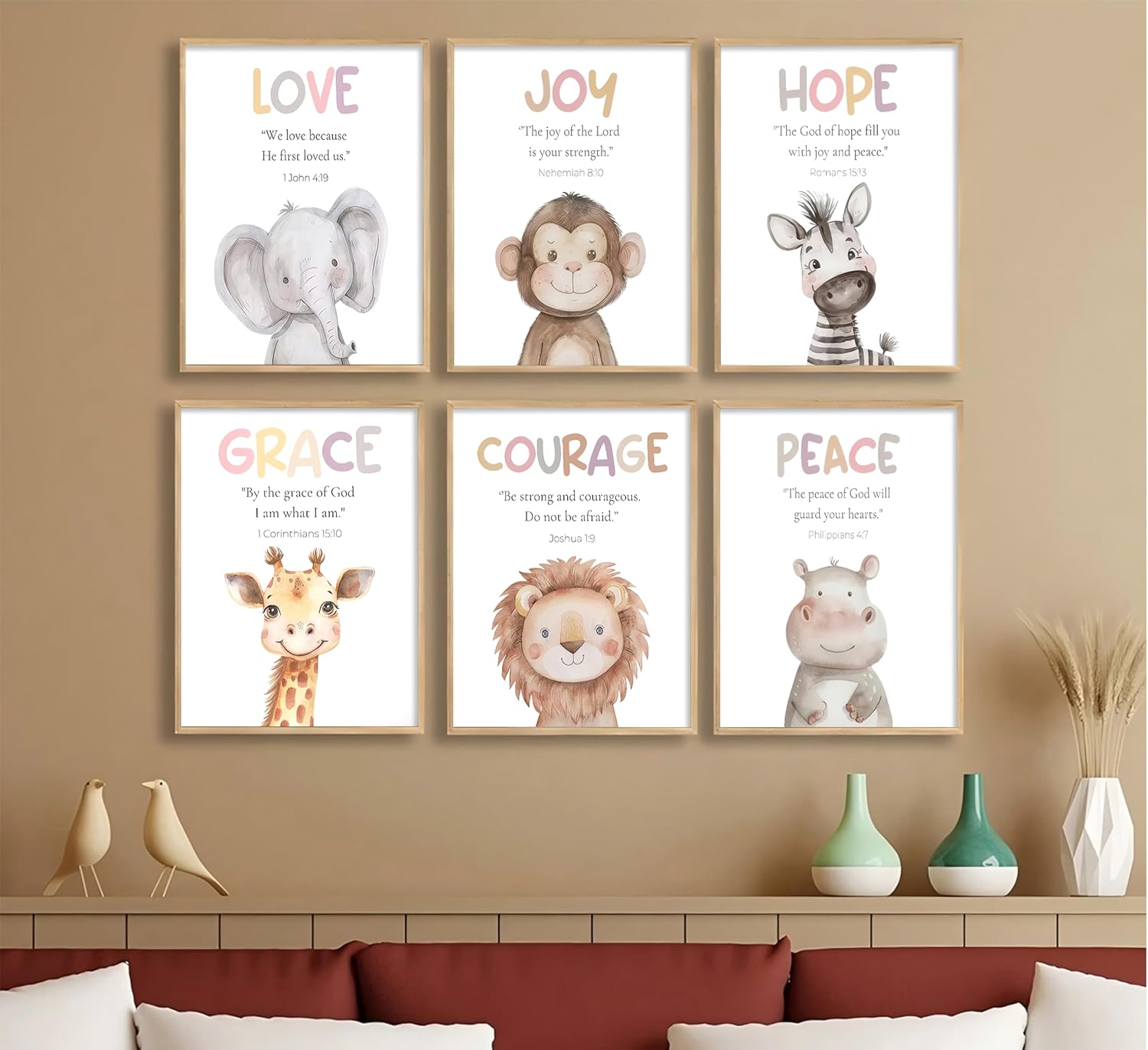 Safari Animal Bible Verse Nursery Wall Art Christian Picture Kids Room Wall Decor Uplifting Scripture Poster Hope Love Joy Jungle Animals Painting Canvas Print Artwork for Baby Room Playroom, Unframed