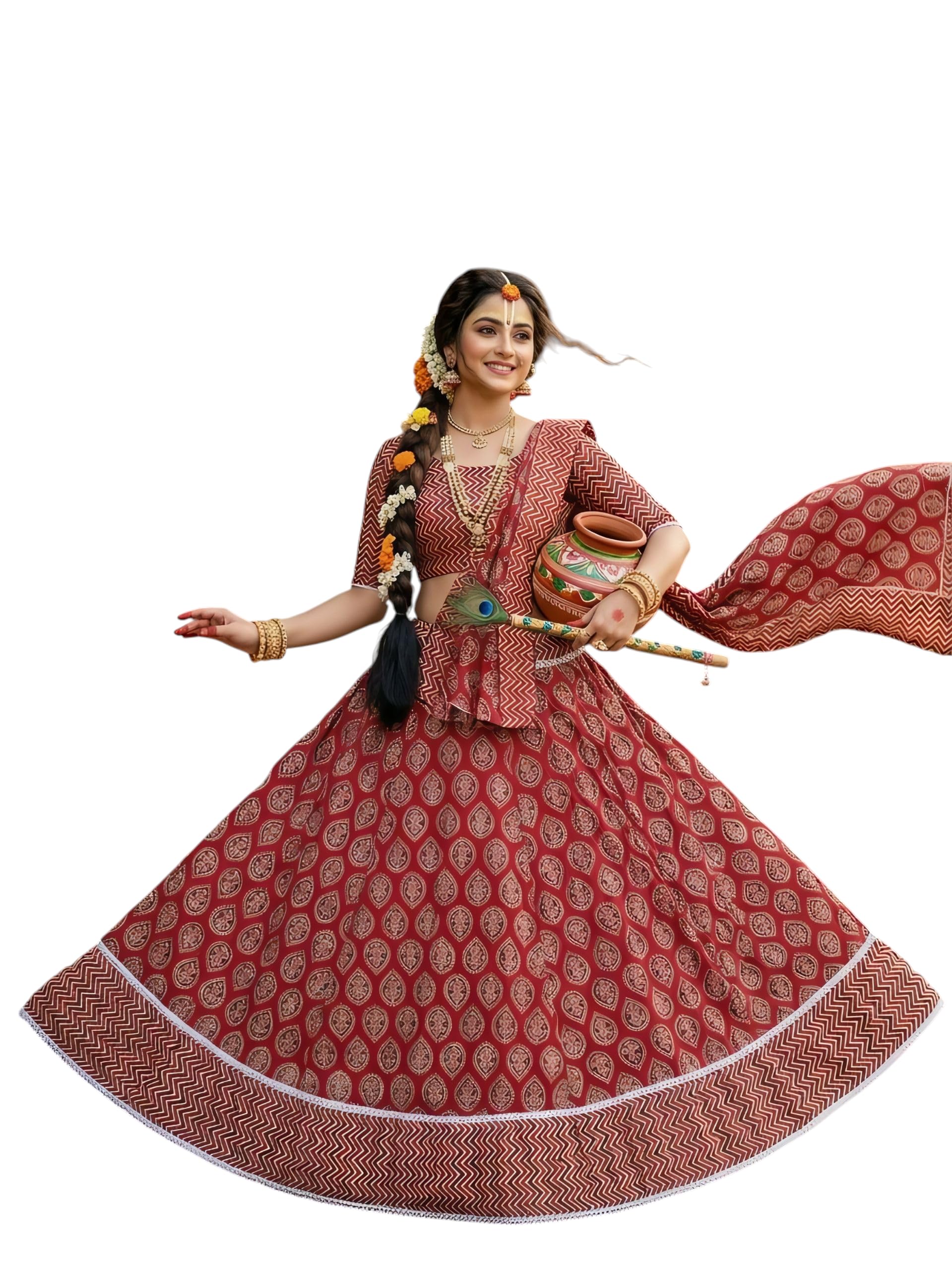 Traditional Red Printed Lehenga Choli, Maroon Gopi Dress with Zigzag Border, Festive Ethnic Wear for Women-image-2