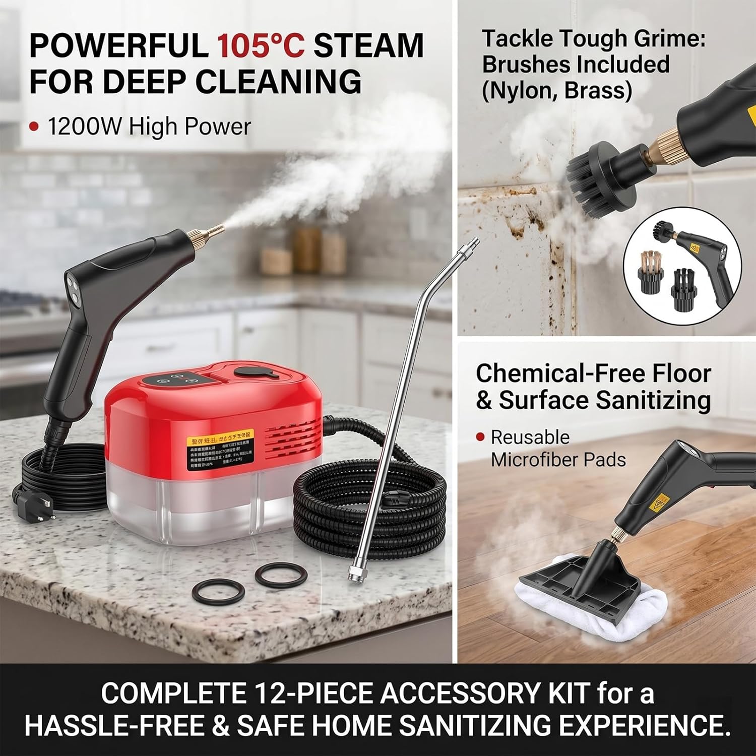 Sakerplus 2500w Handheld High-Temperature Pressurized Steam Cleaner Handheld Steam Cleaner, 1800ml Tank Steam Cleaner Handheld with Rapid Heating (red - Add Side switch to gun, US 110V)
