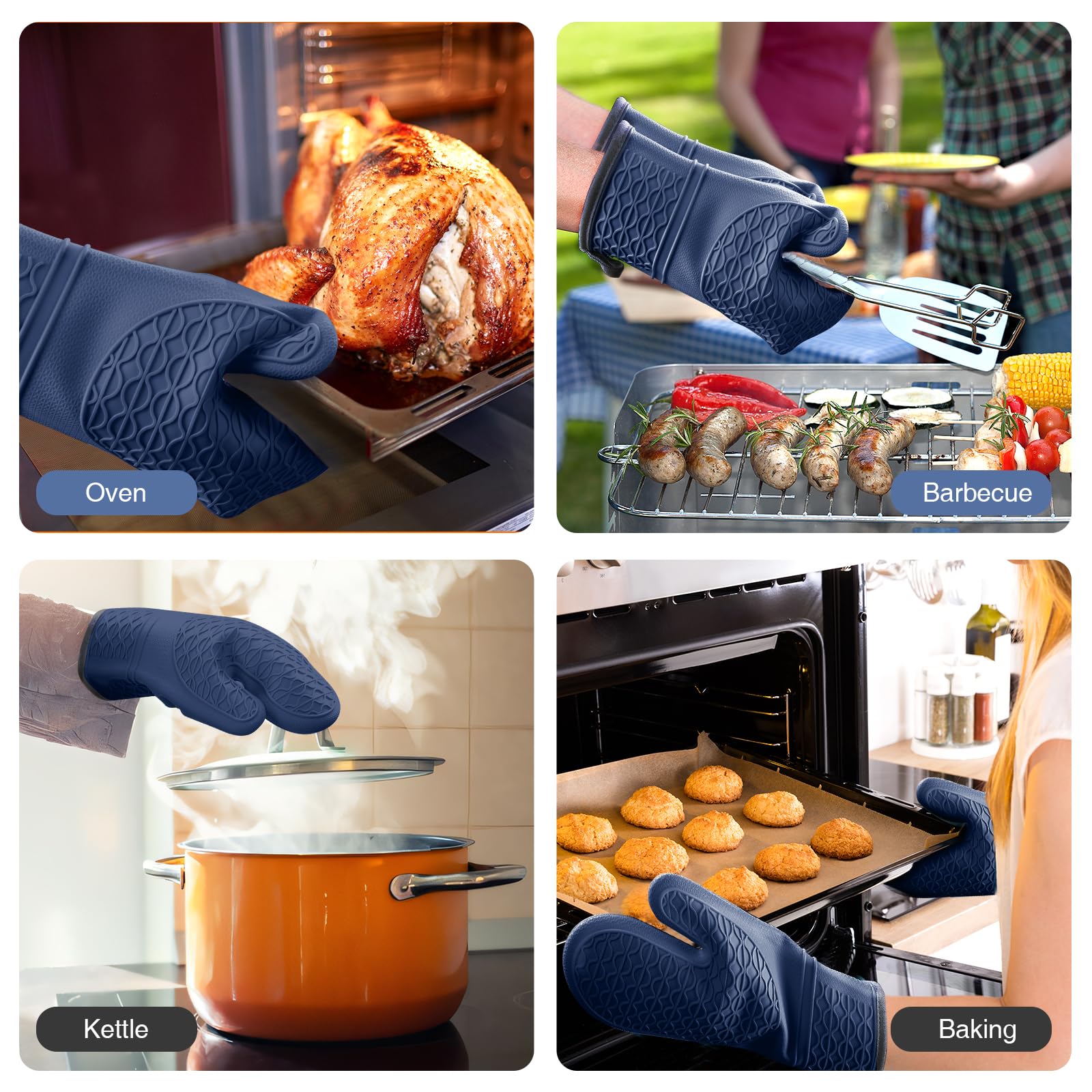 Silikon-Ofenhandschuhe, hitzebeständig, 2 Stück, Ofenhandschuhe mit weichem Baumwollfutter, wasserdicht, rutschfester Griff, Topflappen, Handschuhe für Grillen, Backen, Kochen, 32,5 cm, Dunkelblau