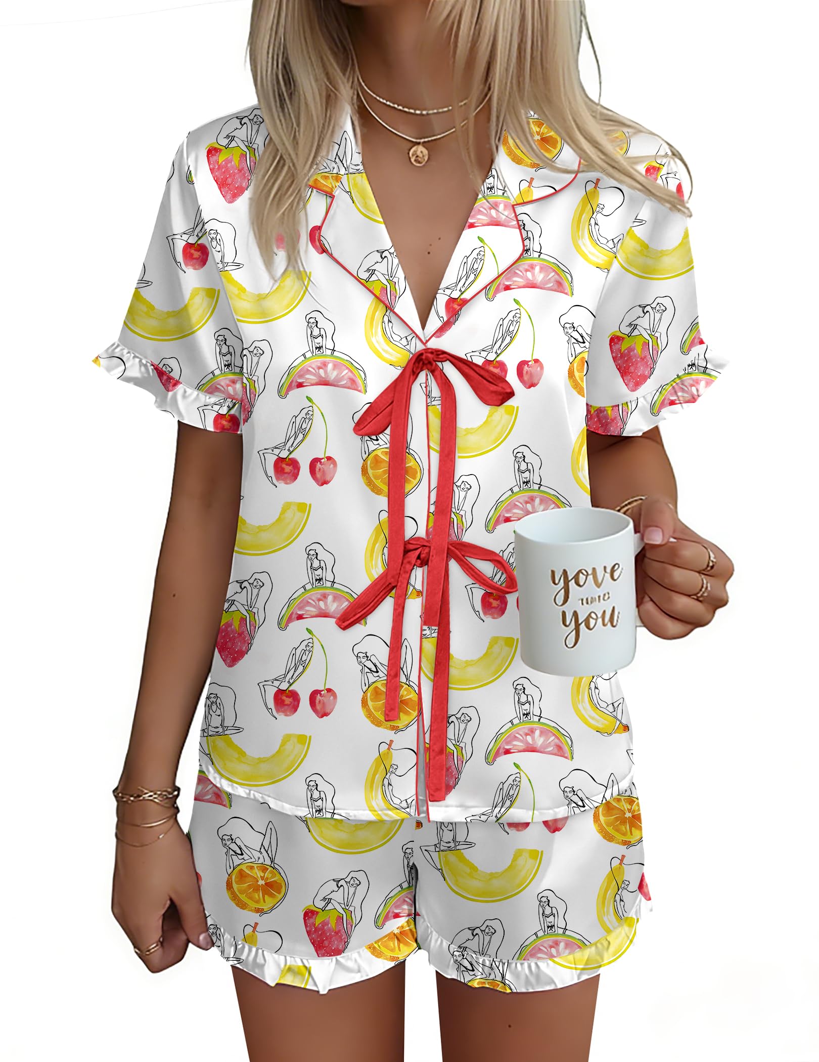 Ekouaer Satin Pajama for Women Short Sleeve Silky Pj Short Set Bow Front Tie Up Loungewear Sleepwear