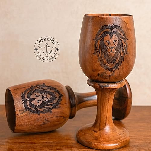 Miniatura 4 de collectiblesBuy Juego de 2 copas de cerveza hechas a mano con logotipo de león marrón antiguo, cáliz de madera de teca natural, rústico, para