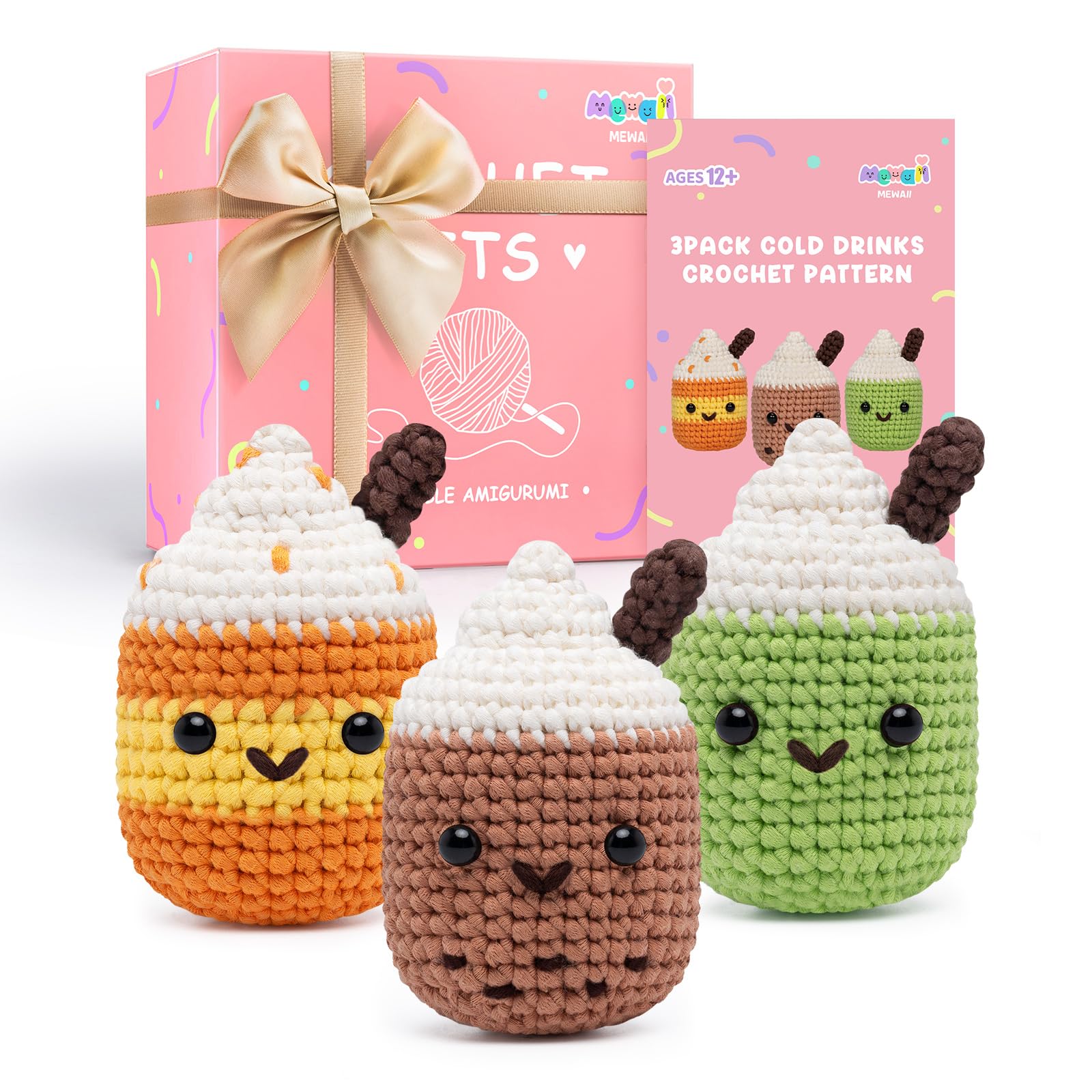 Mewaii Crochet Kit for Beginners, Complete DIY Crochet Kit Animals with 40%+ Pre-Started Tape Yarn Step-by-Step Video Tutorials for Adults and Kids (Three Cold Drinks)