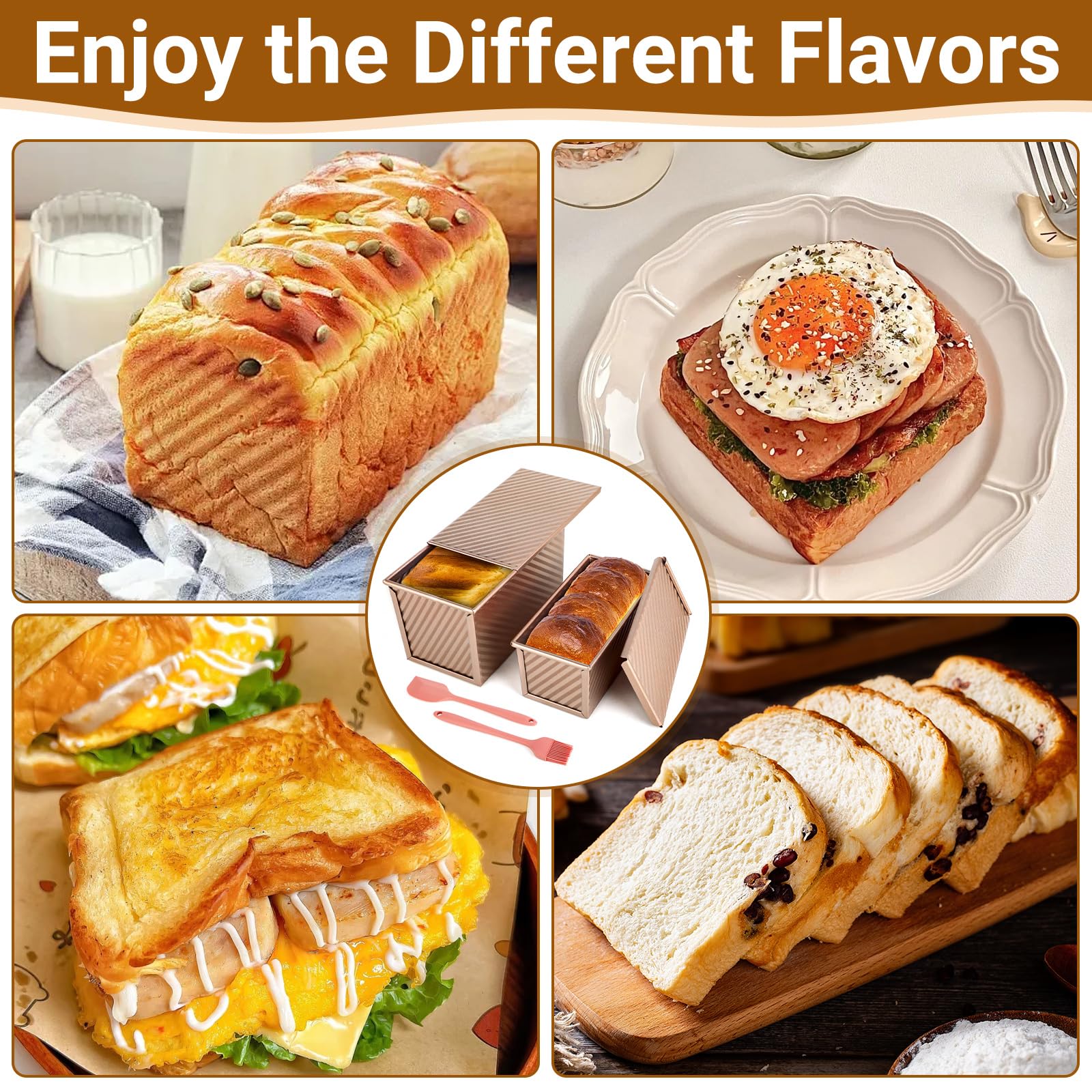 Juego de 2 Moldes para Pan con Tapa – Molde Antiadherente para Pan de molde, Bizcochos, Molde Rectangular Reposteria con Tapa para Uso Doméstico, incluye 1 Espátula de Silicona y 1 Brocha de Silicona