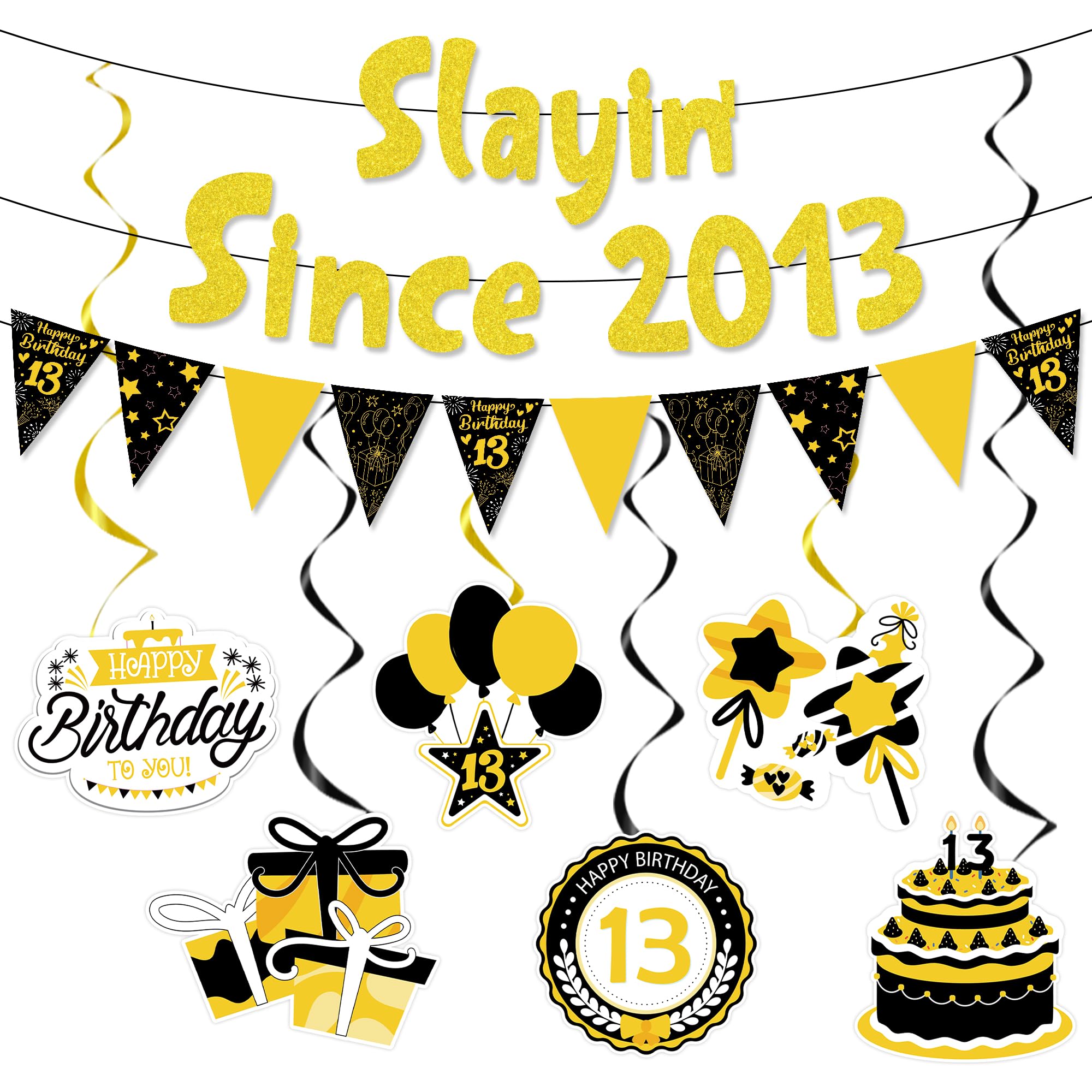 13th Birthday Decorations Black Gold Party Supplies, Slayin Since 2013 Banners with Hanging Swirls, Teen Birthday Party Decorations for 13 Boys Girls