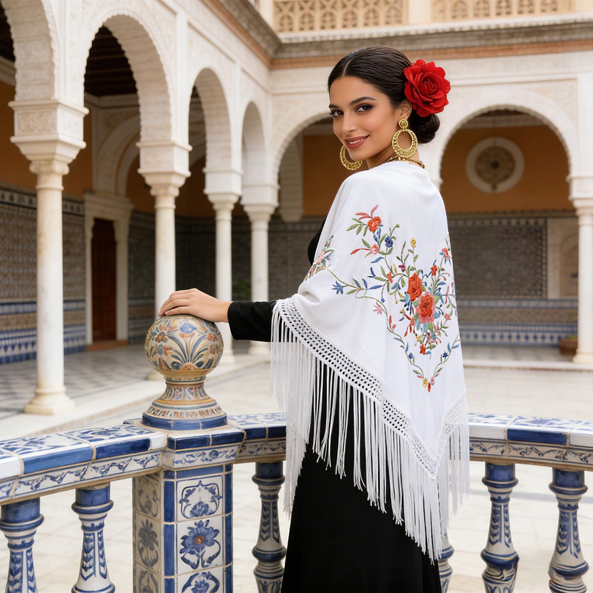 Wildarms Mantón de Sevillana Bordado con Flecos para Flamenco Feria Disfraz Baile Tradicional Mujer — view 3
