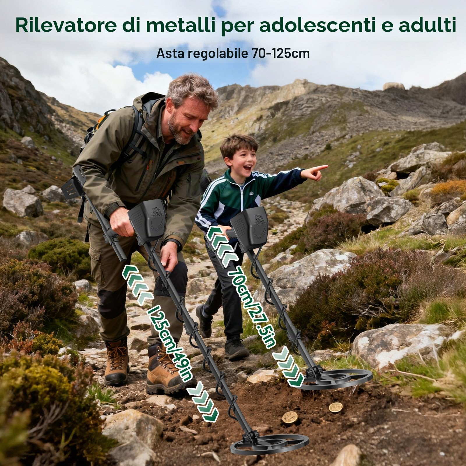 OMMO Metal Detector Professionali per Adulti e Bambini, Verde | Pinpointer Ricaricabile USB, 3 Modalità, Alta Precisione, Bobina Impermeabile IP68