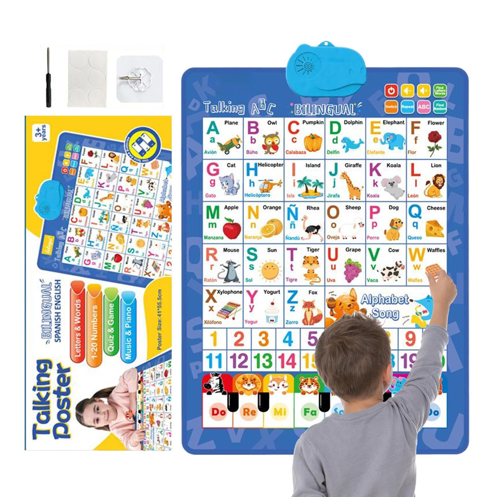 Alphabet Wall Chart - Cognitive Talking Bilingual Interactive Toy,Spanish and English Music Kids Learning Posters | Multifunctional for Ages 3-8 Language Development Classroom Preschool