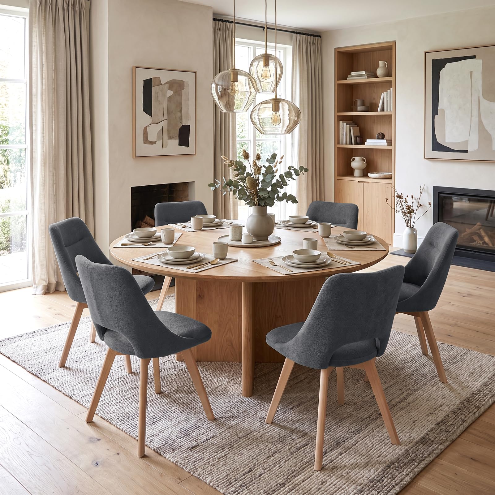 WAFTING Sillas de Comedor Giratorias 360° Acolchadas Pack de 4, Gris Oscuro | Tejido Similcachemir, Pata de Haya, Asiento Ancho de 48 cm, Respaldo Calado, para Comedor, Cocina, Salón y Cafetería