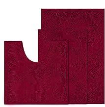 RUN HELIX Chenille Bath Mat, Non Slip Extra Soft Bath Toilet Mat 3 Pieces, Super Absorbent Bath Rug for Bathroom, Bedroom, Shower and Tub, Washable Quick Drying Bathroom Mat Burgundy