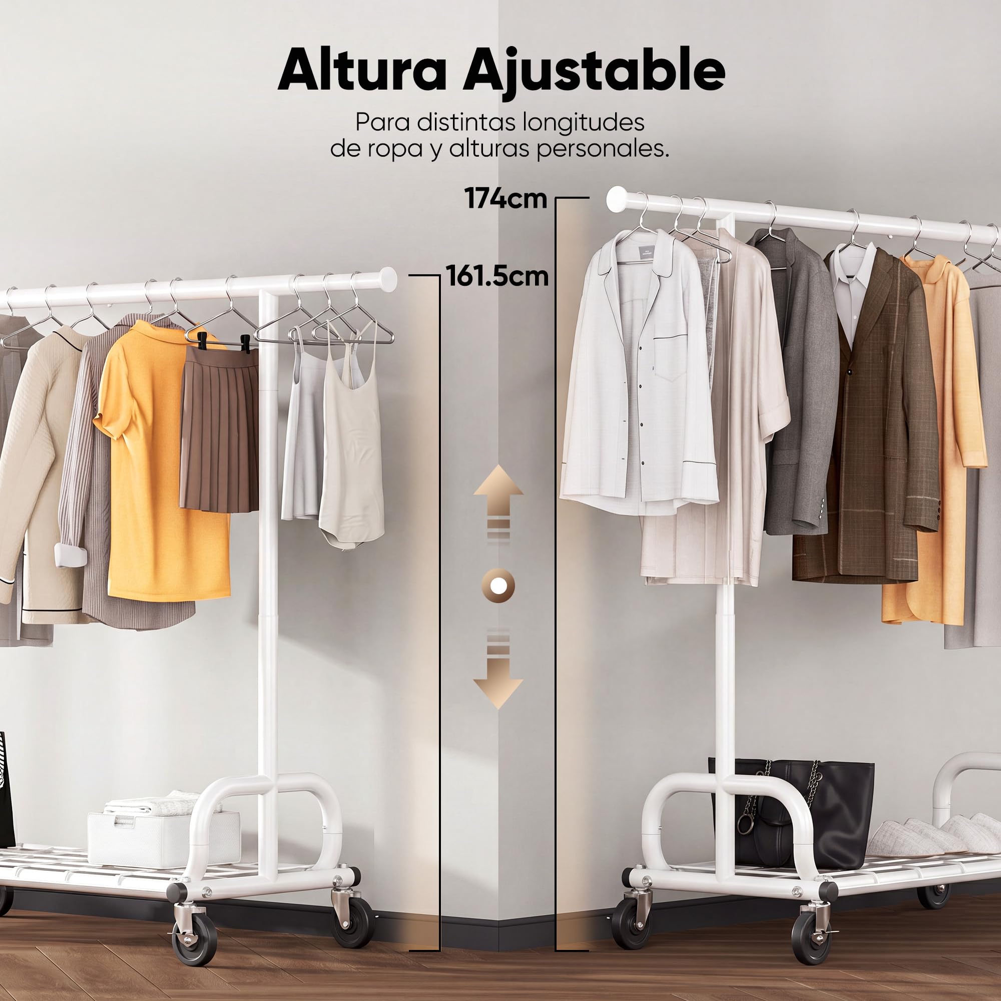HOKEEPER Burro de Ropa Móvil con Altura Ajustable y Barra Extensible | Resistente 204kg, Ruedas Bloqueables, Ahorra Espacio para Dormitorio, Apartamento Pequeño, Lavandería, Blanco