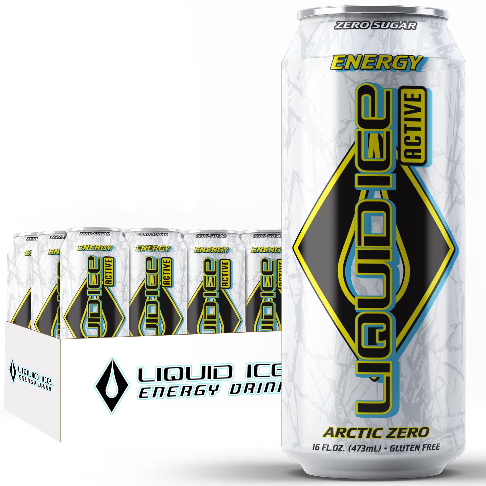 Liquid Ice Active Energy Drink, Arctic Zero, Zero Sugar, 160mg Natural Caffeine from Green Tea with CoQ10 & Ginseng, Clean Focus & Performance Support, Gluten Free, 16oz Cans (12 Pack)