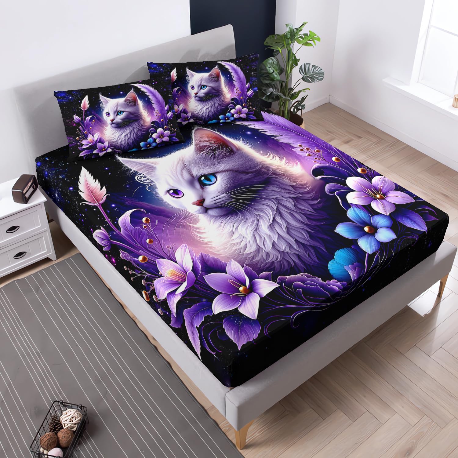 Cute Cat Fitted Sheet Queen Size,Fantasy Starry Sky Bedding Sets with Flower Pattern for Girls Kids Room Decor,1 Fitted Sheet+2 Pillowcases.