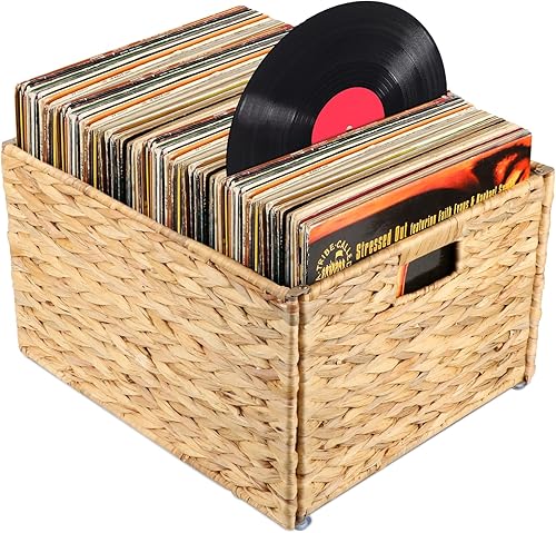 Caja de almacenamiento de discos de vinilo de mimbre, organizador de almacenamiento decorativo de LP, soporte plegable para discos de vinilo tejido