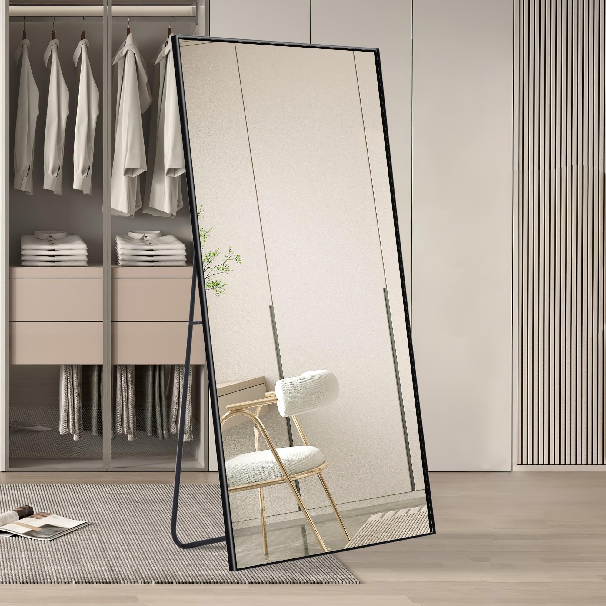 Dolonm 64x21 Inch Full Length Mirror, Modern Design Standing Floor Mirror, Full Body Mirror for Living Room, Bedroom, Bathroom, Cloakroom, Hallway, Black(Aluminum Alloy Frame)