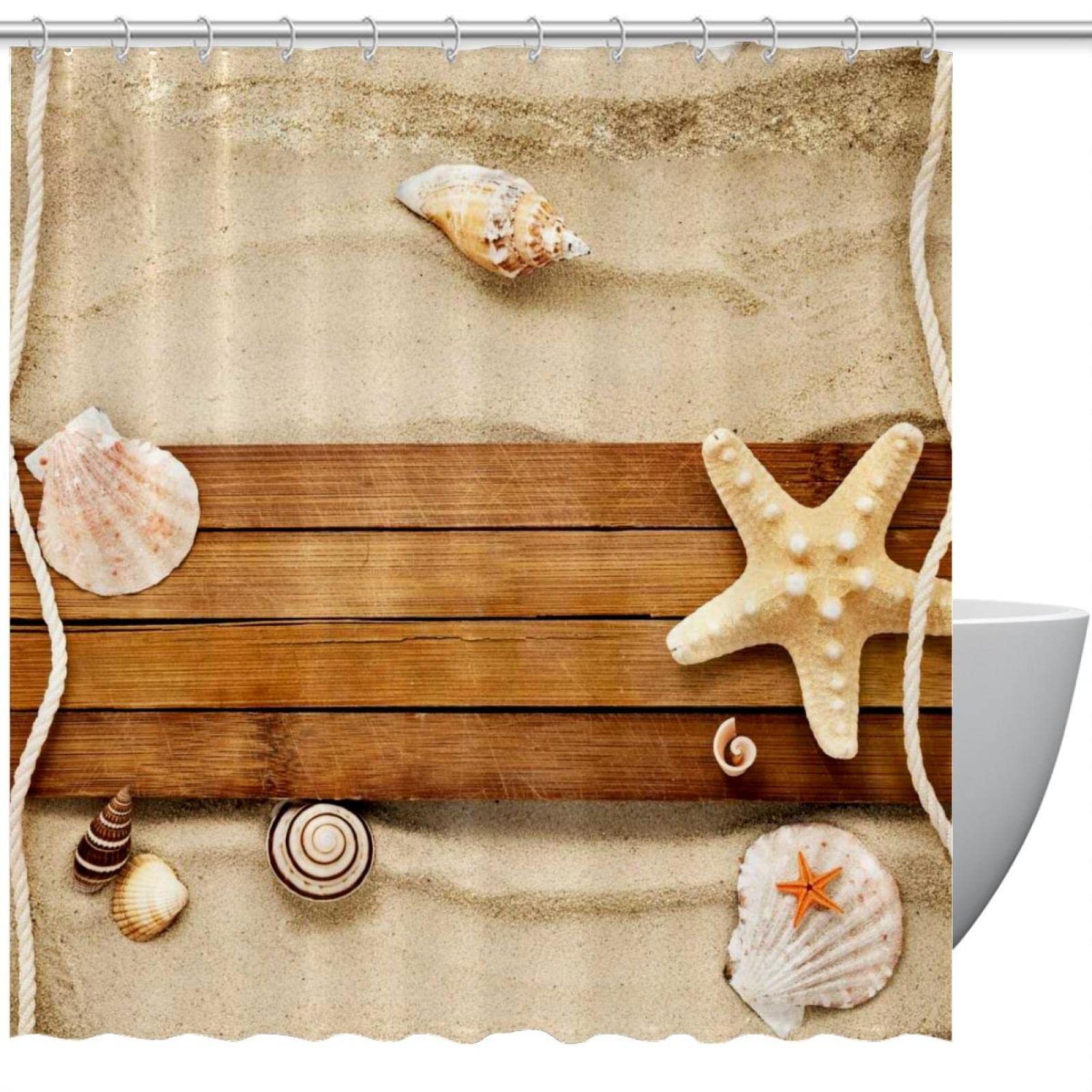 Strand-Duschvorhang Mit Seesternen & Muscheln – Wasserdicht, 180x180 Cm, Inkl. Haken