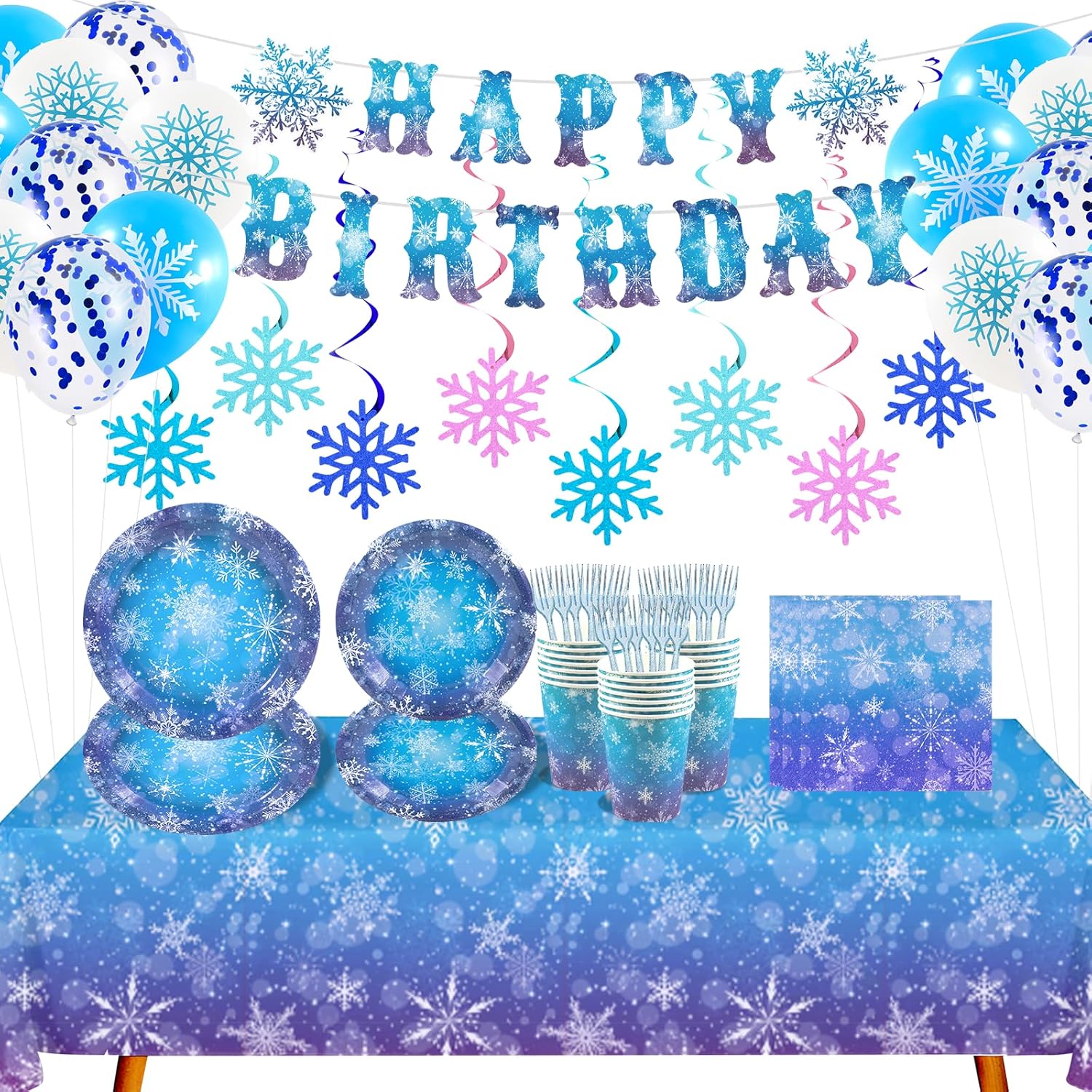 148pcs Snowflake Frozen Birthday Party Supplies,Blue and Purple Snowflake Winter Wonderland Paper Plates and Napkins Kit for Christmas Winter Holiday New Year Party Supplies Decorations,Serves 24