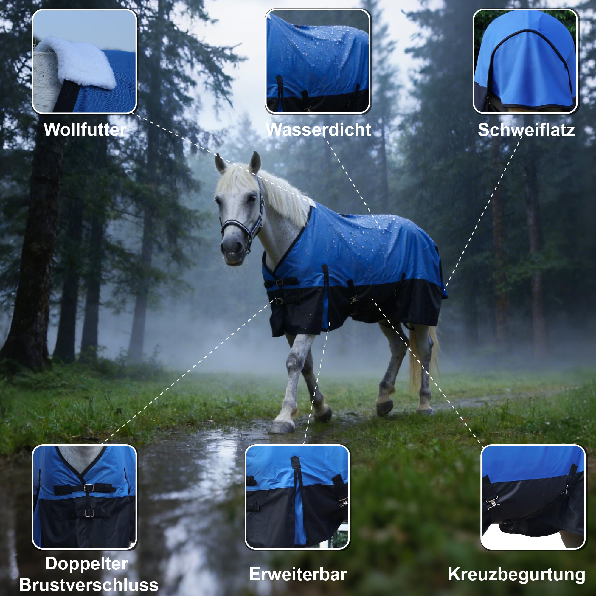 Regendecke Pferd Reißfest – Wasserdicht, Atmungsaktiv & Ohne Füllung (0g), Leichte & Komfortable Pferdedecke