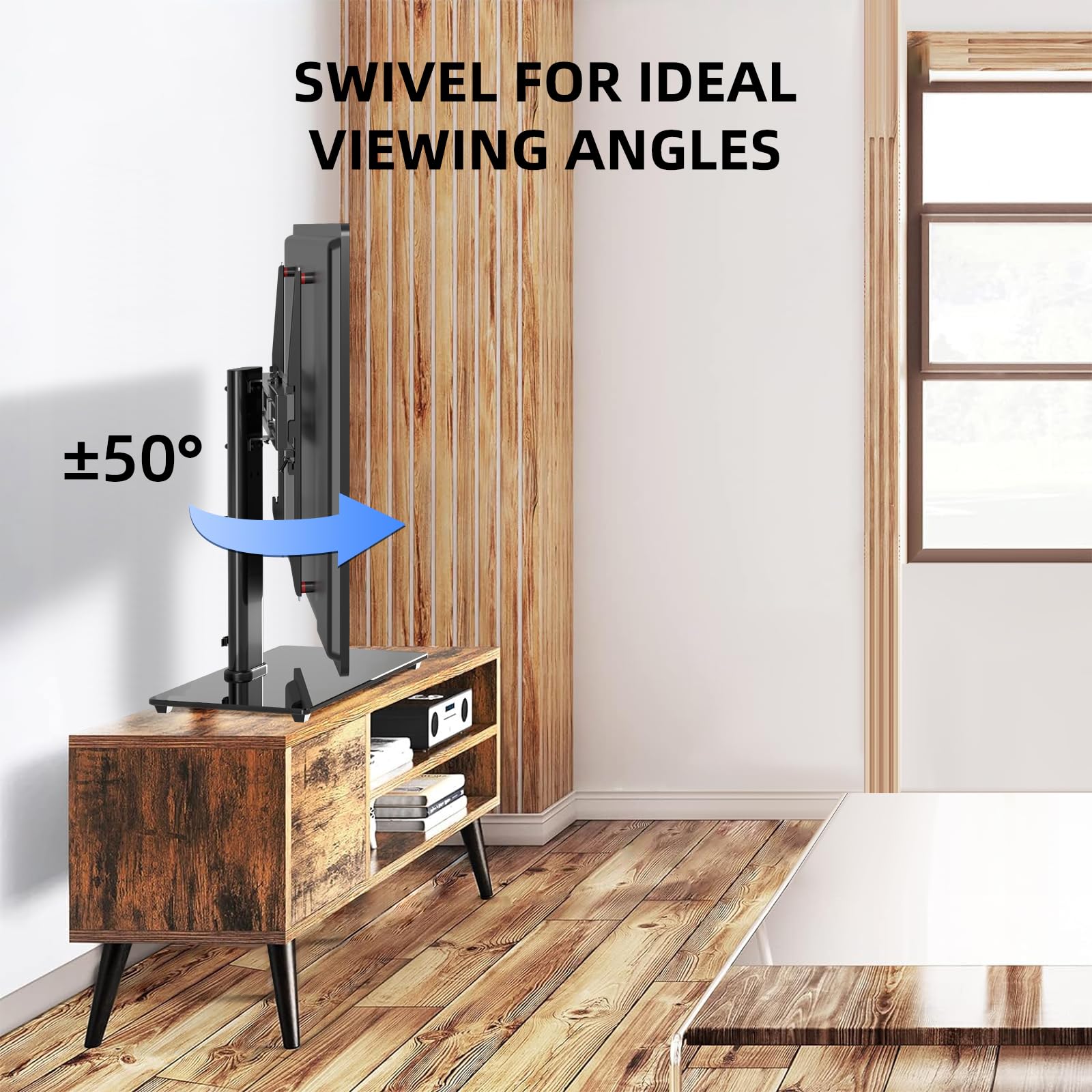 suptek Support TV sur Pied Pivotant sans Perçage Hauteur Réglable à Poser sur Meuble TV Table écrans 26 à 55 Pouces Charge 45 kg VESA 400x400 mm Locataires Petits Espaces TS202