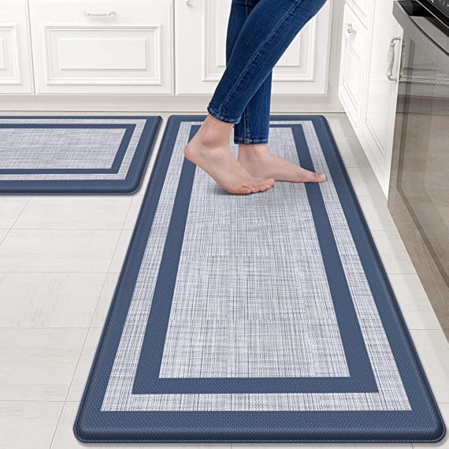 HS Kitchen Mat [2 PCS] Cushioned Anti-Fatigue Kitchen Rugs Non-Skid Waterproof, Ergonomic Comfort Standing Mat for Kitchen, Floor, Sink, Laundry, Blue and Gray (44 x 74 cm + 44 x 120 cm) (Blue)